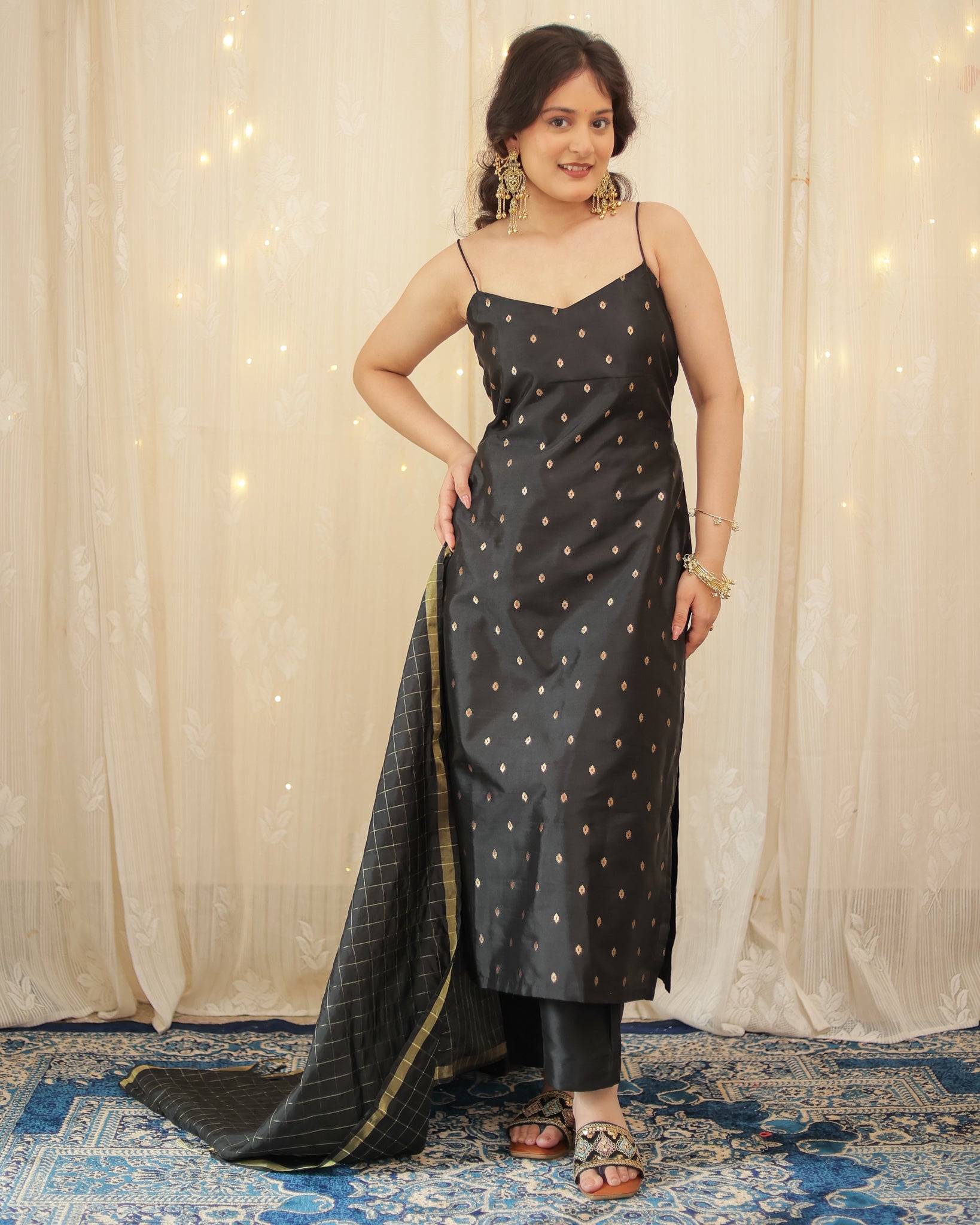Readymade Banarasi Silk Salwar Kameez with Dupatta- Black
