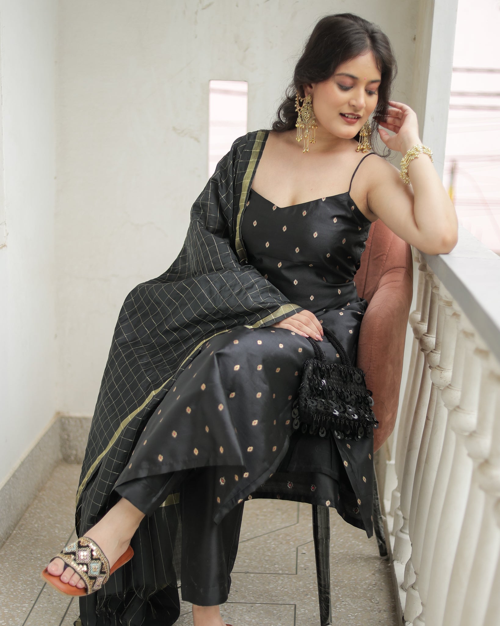 Readymade Banarasi Silk Salwar Kameez with Dupatta- Black