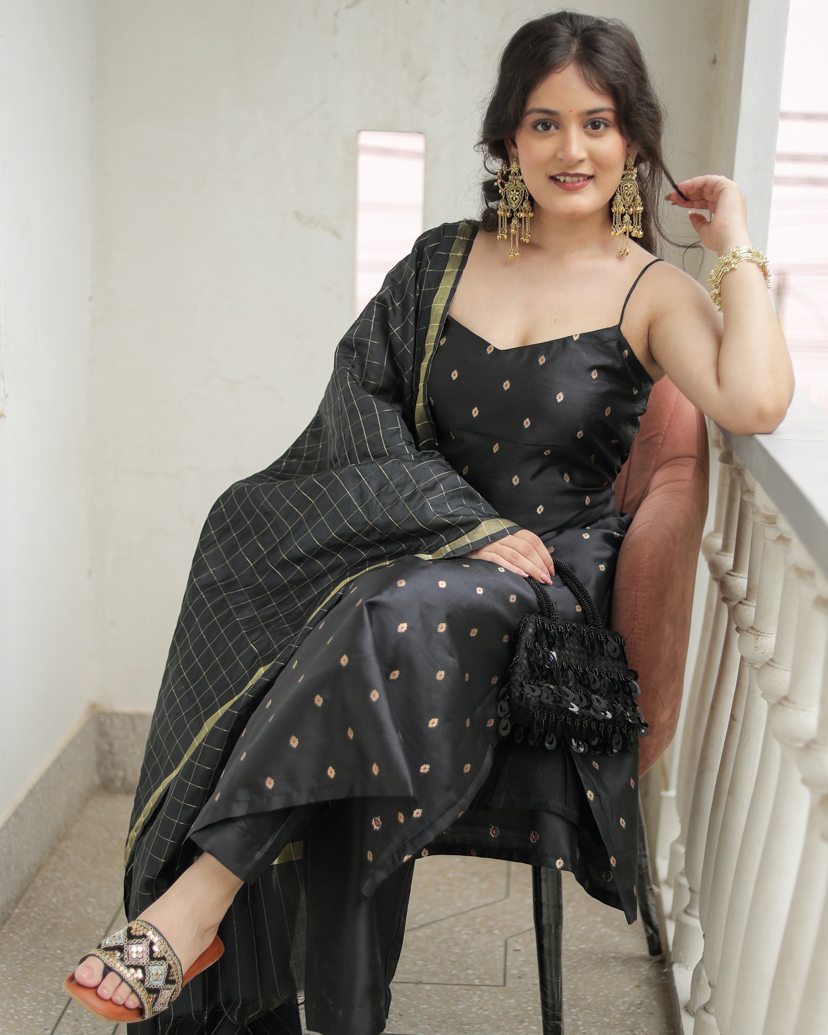 Readymade Banarasi Silk Salwar Kameez with Dupatta- Black