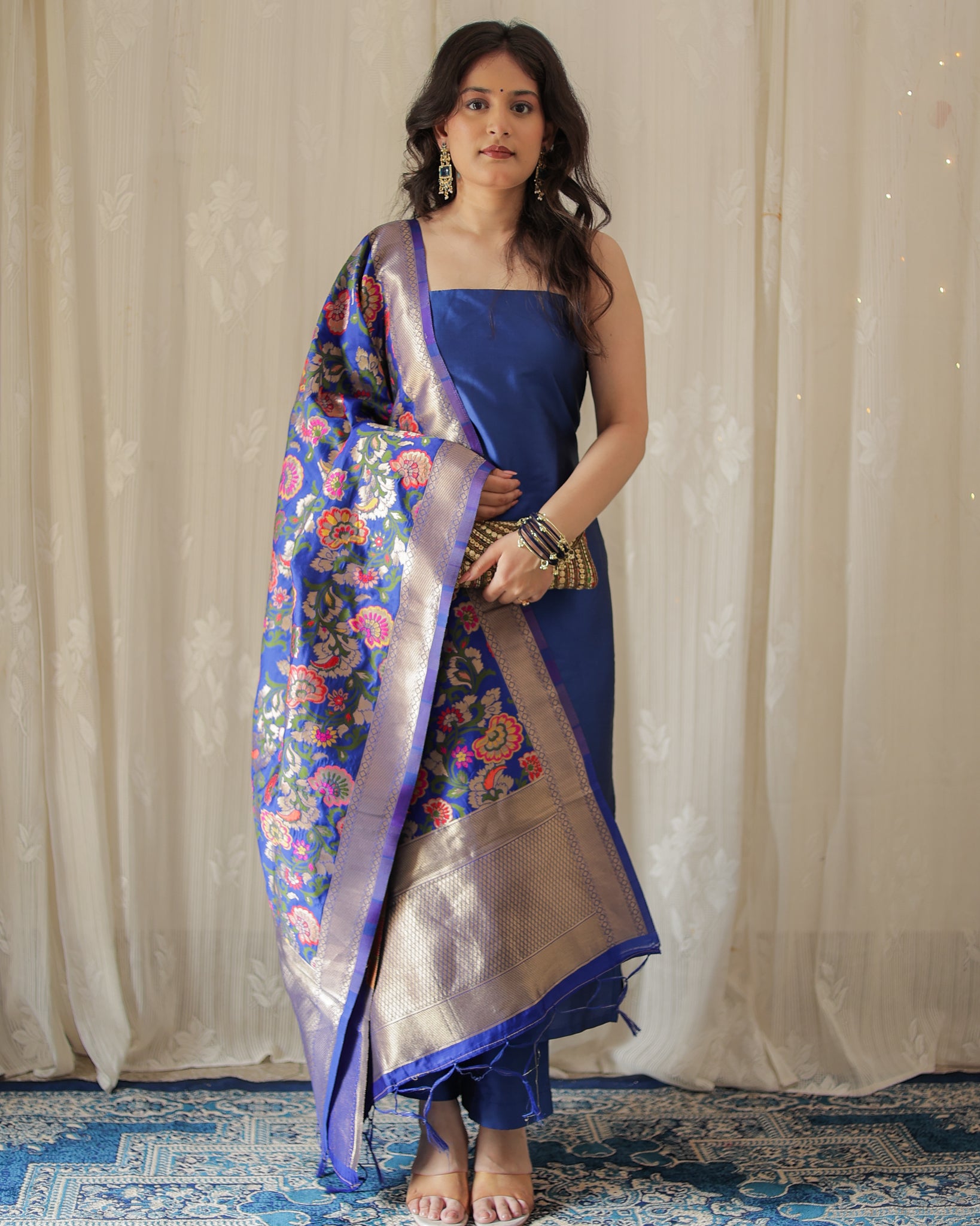 Readymade Banarasi Plain Salwar Kameez with Tilfi Dupatta- Blue