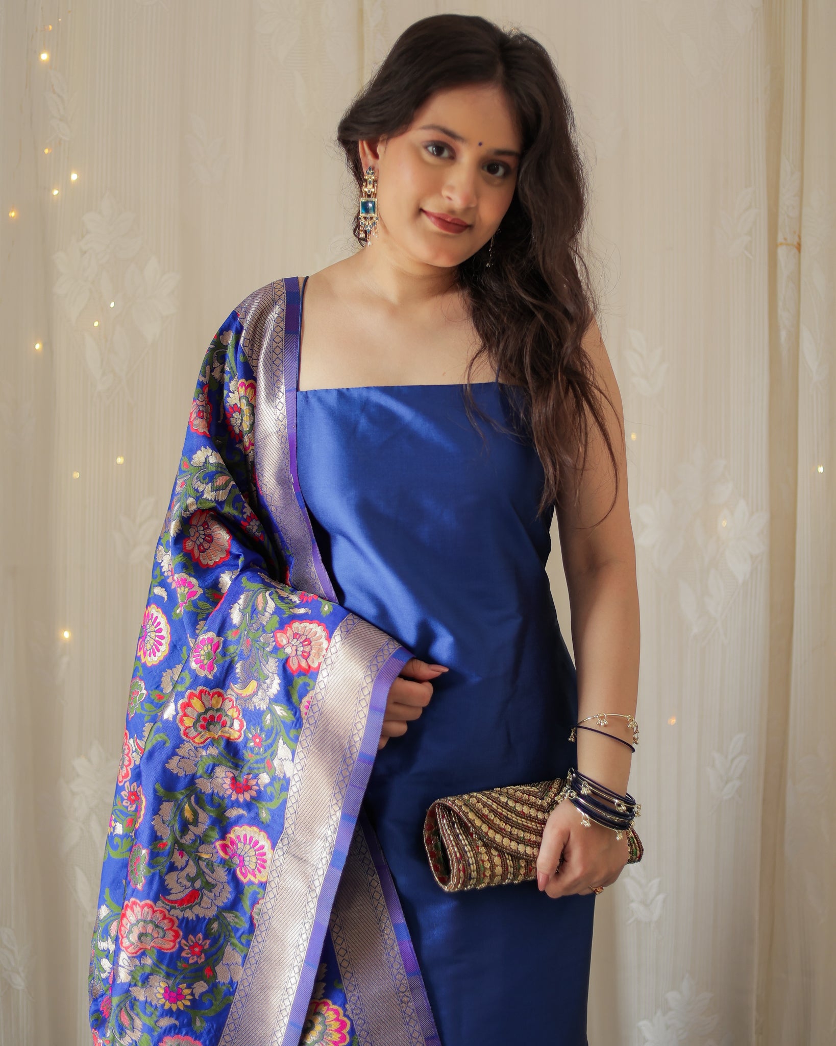 Readymade Banarasi Plain Salwar Kameez with Tilfi Dupatta- Blue