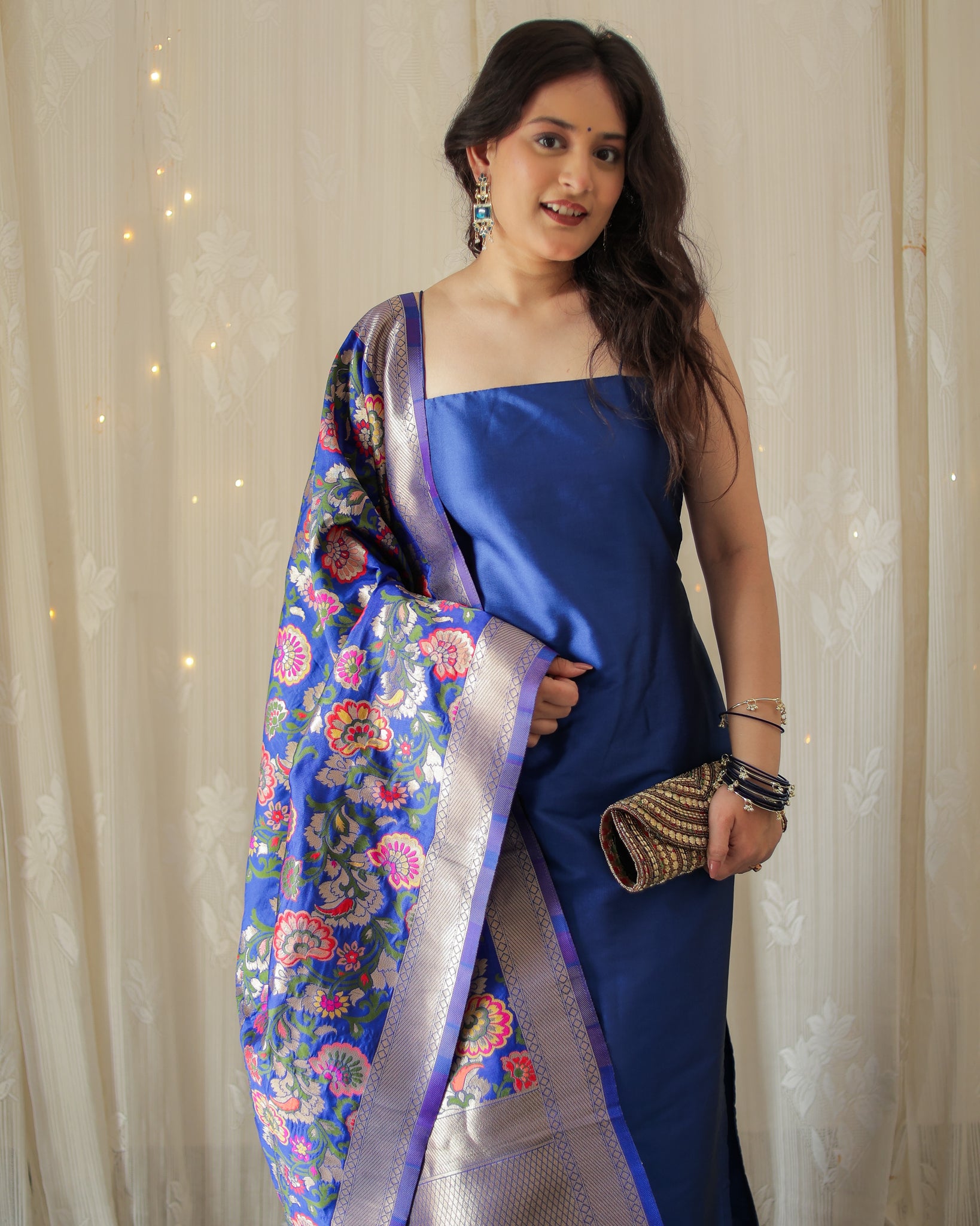 Readymade Banarasi Plain Salwar Kameez with Tilfi Dupatta- Blue