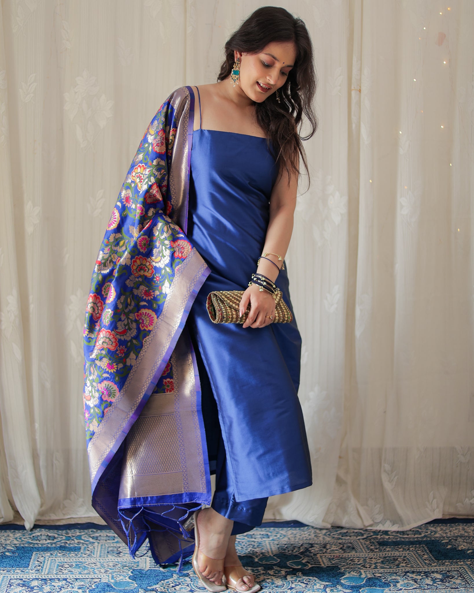 Readymade Banarasi Plain Salwar Kameez with Tilfi Dupatta- Blue