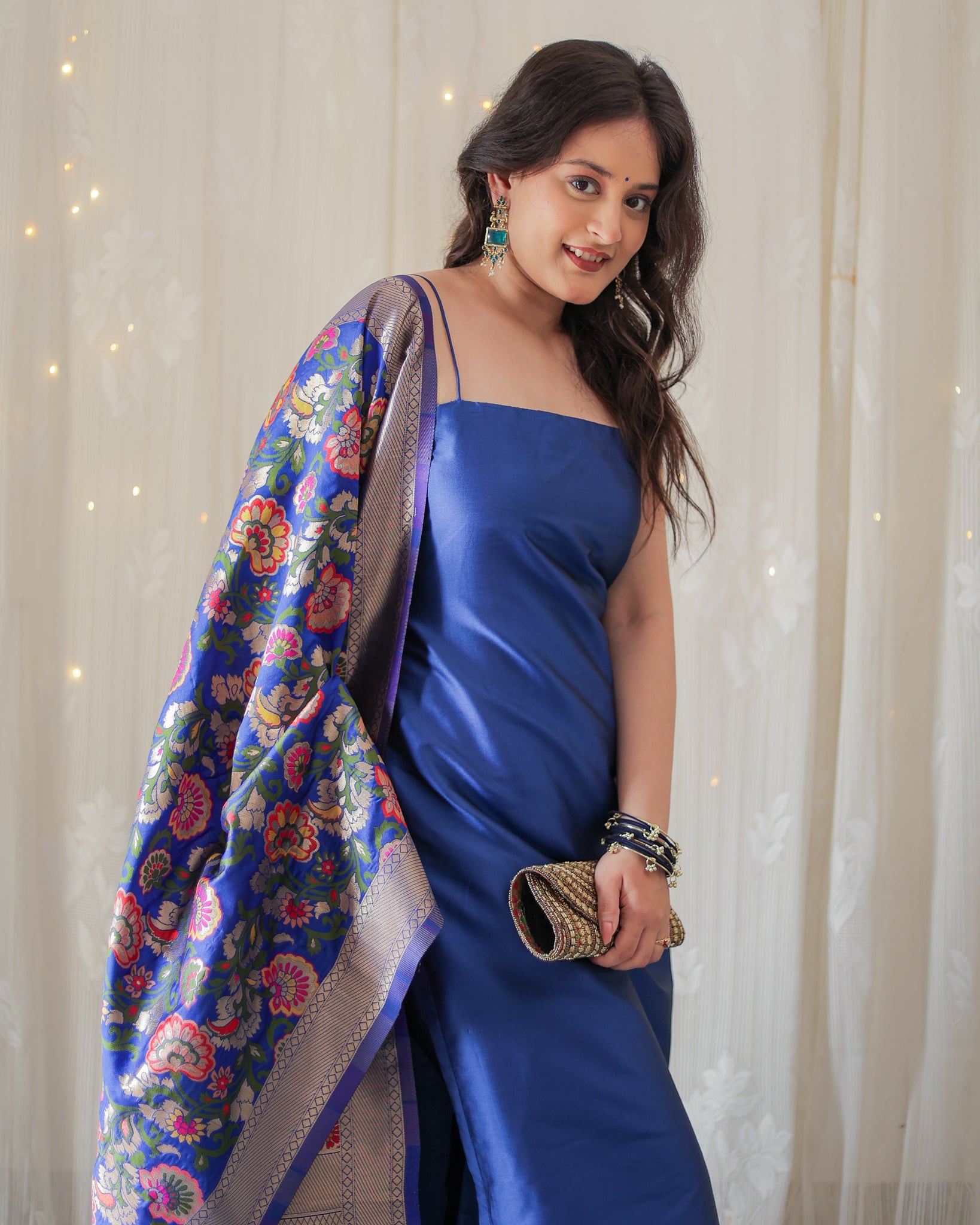 Readymade Banarasi Plain Salwar Kameez with Tilfi Dupatta- Blue