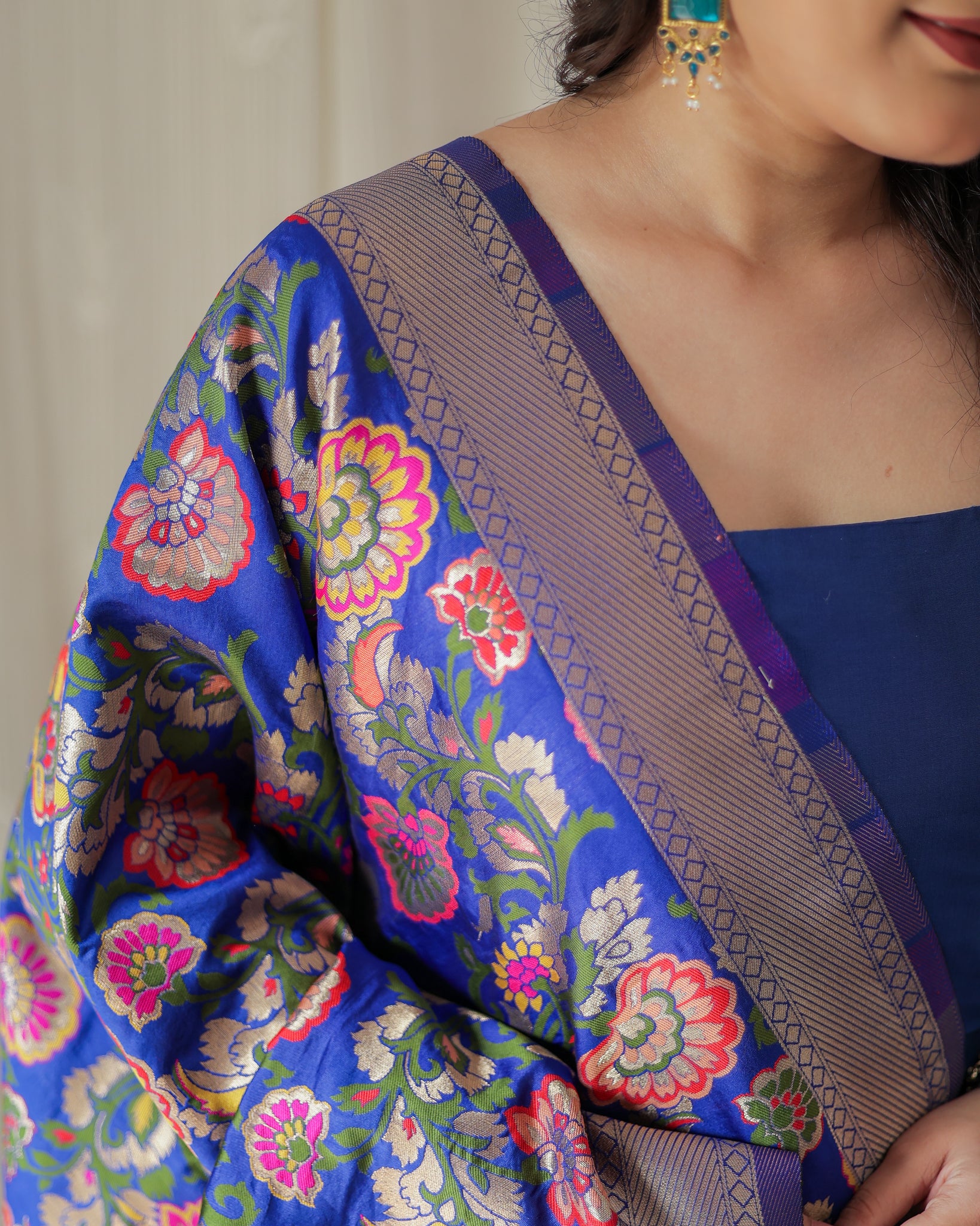 Readymade Banarasi Plain Salwar Kameez with Tilfi Dupatta- Blue