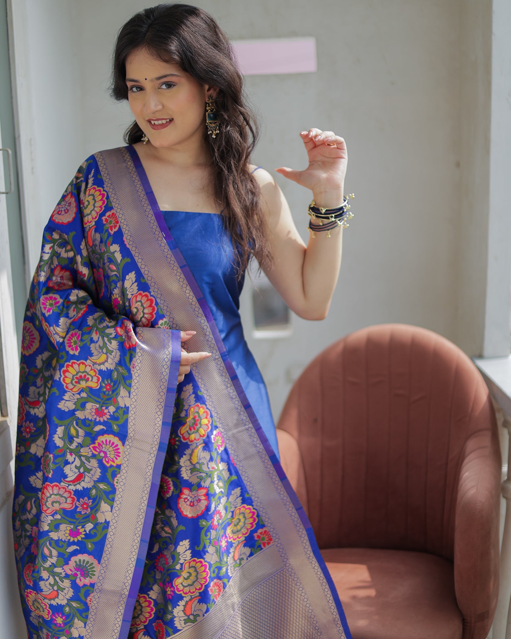 Readymade Banarasi Plain Salwar Kameez with Tilfi Dupatta- Blue
