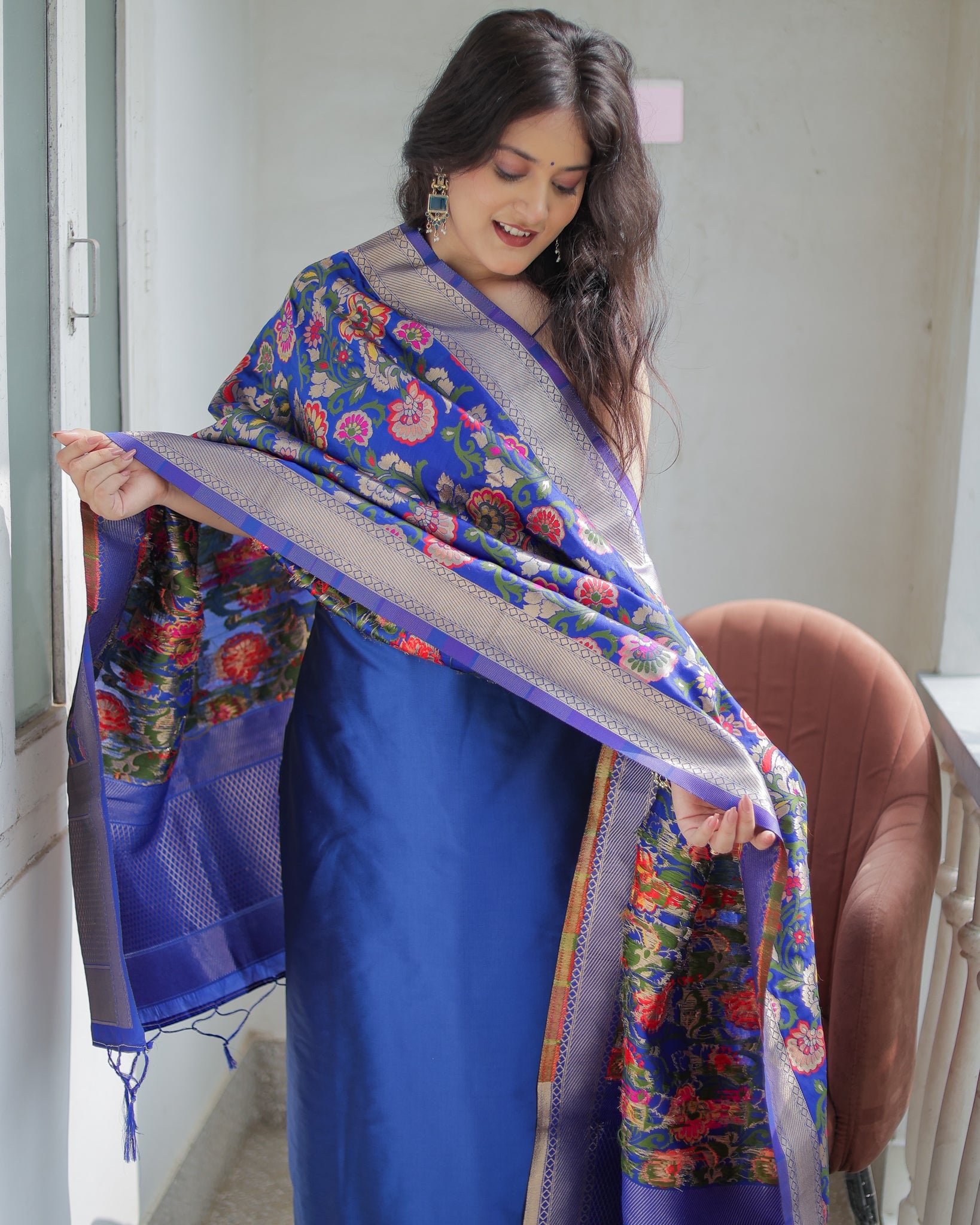 Readymade Banarasi Plain Salwar Kameez with Tilfi Dupatta- Blue