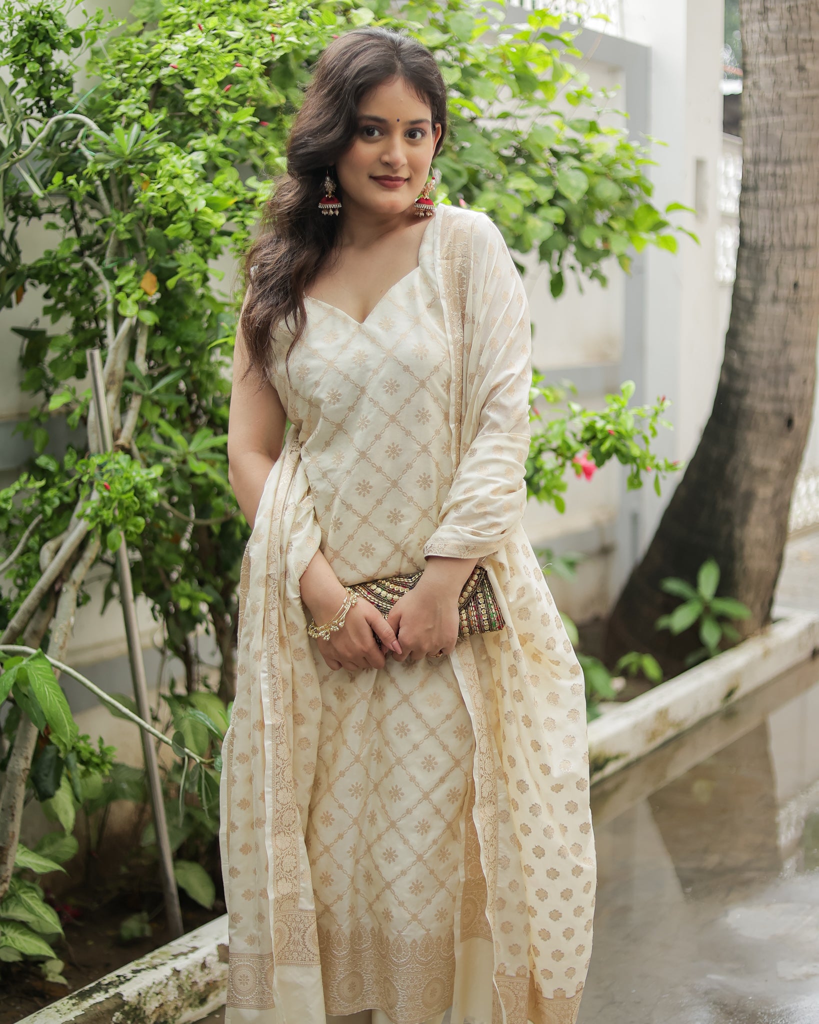 Readymade Banarasi Cotton Silk Salwar Kameez with Dupatta- Off White