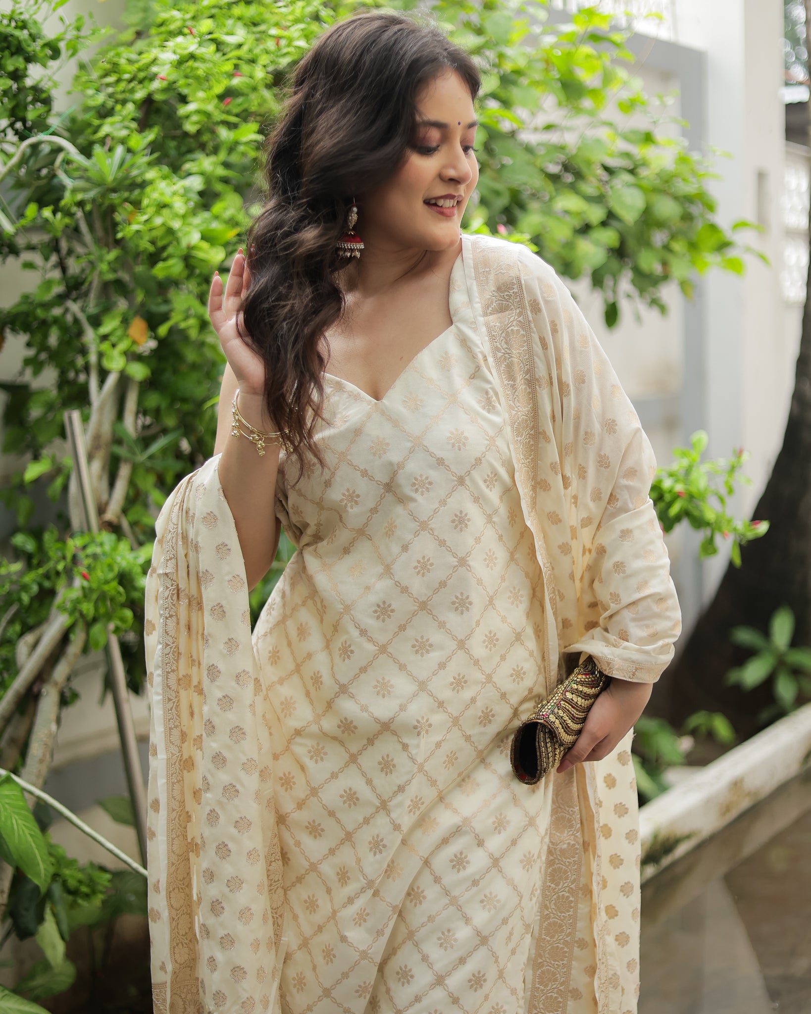 Readymade Banarasi Cotton Silk Salwar Kameez with Dupatta- Off White