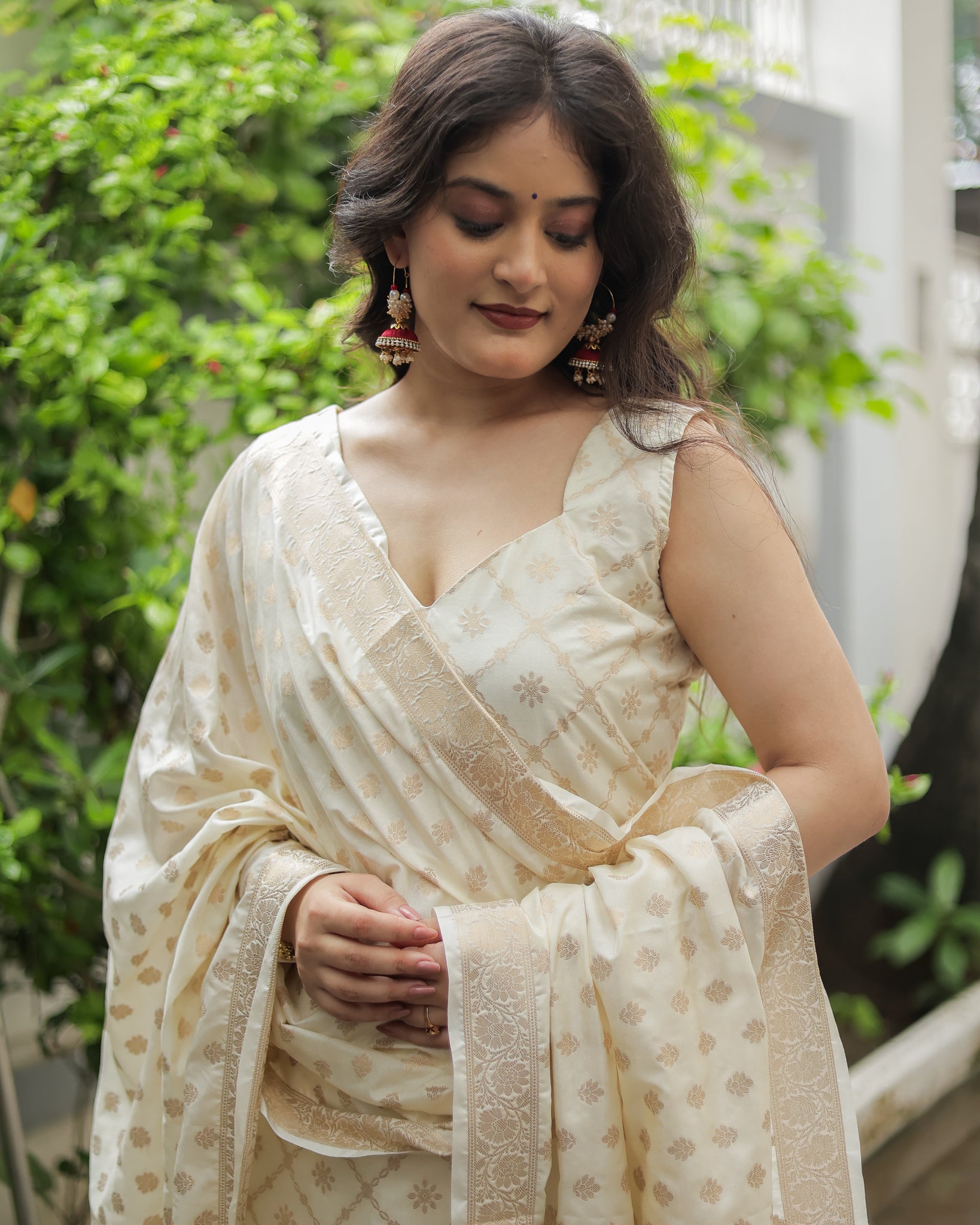 Readymade Banarasi Cotton Silk Salwar Kameez with Dupatta- Off White