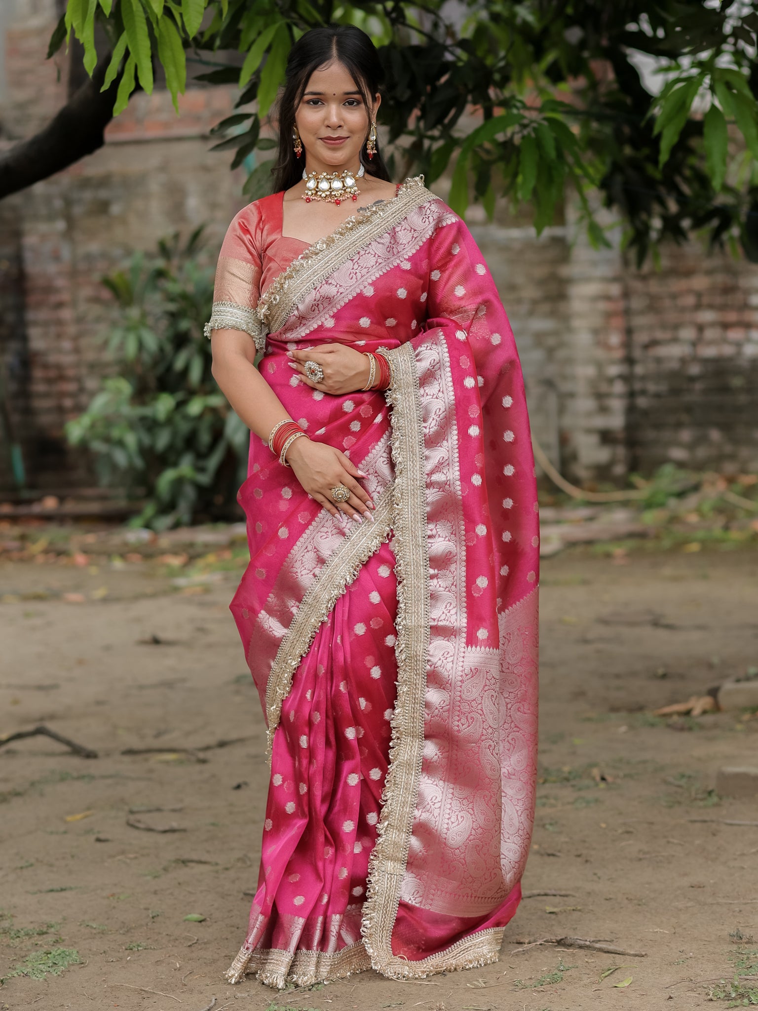 Banarasi Tissue Saree With Silver Zari & Border - Magenta