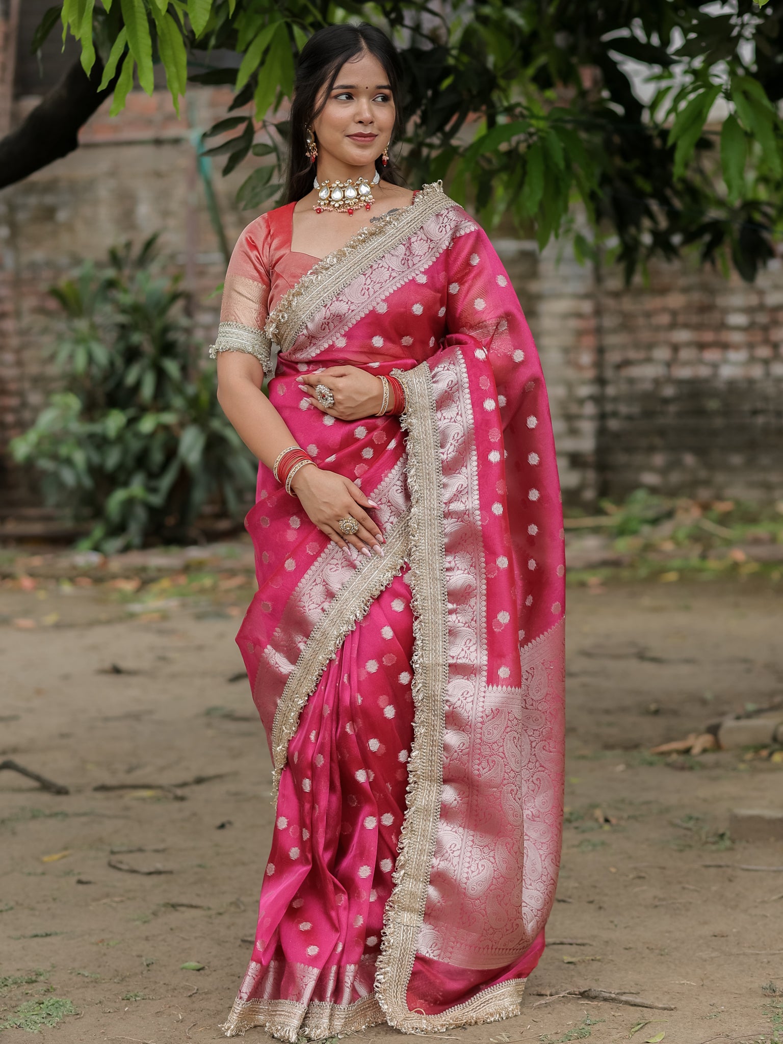 Banarasi Tissue Saree With Silver Zari & Border - Magenta
