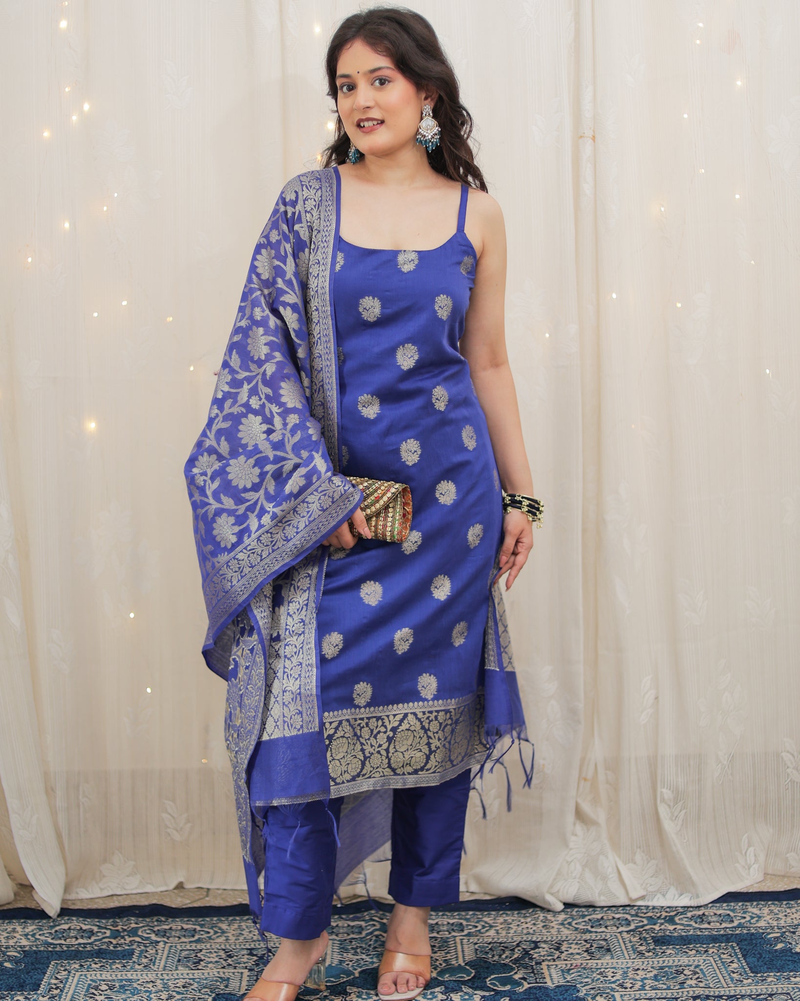 Readymade Banarasi Chanderi Cotton Salwar Kameez with Dupatta- Blue