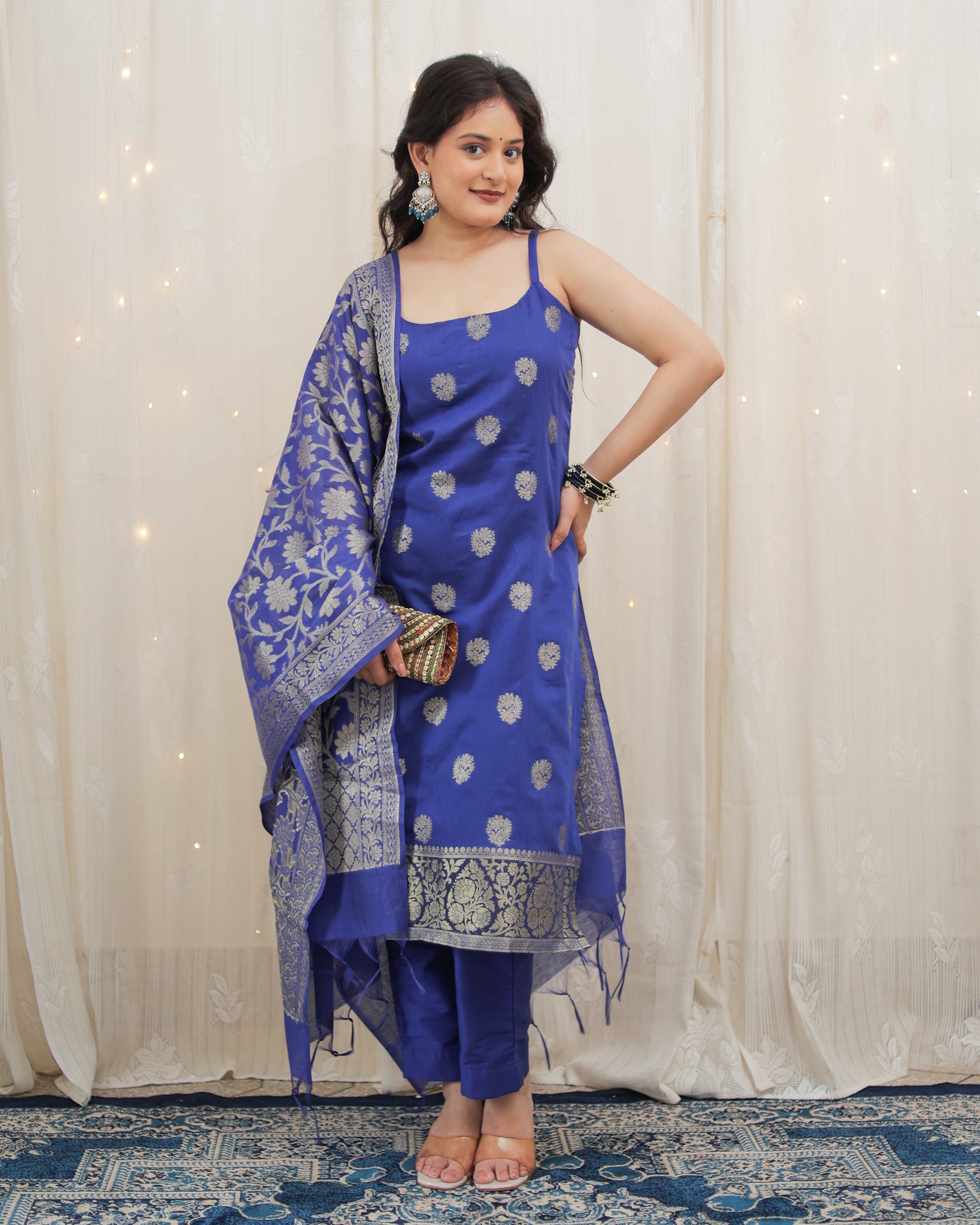 Readymade Banarasi Chanderi Cotton Salwar Kameez with Dupatta- Blue