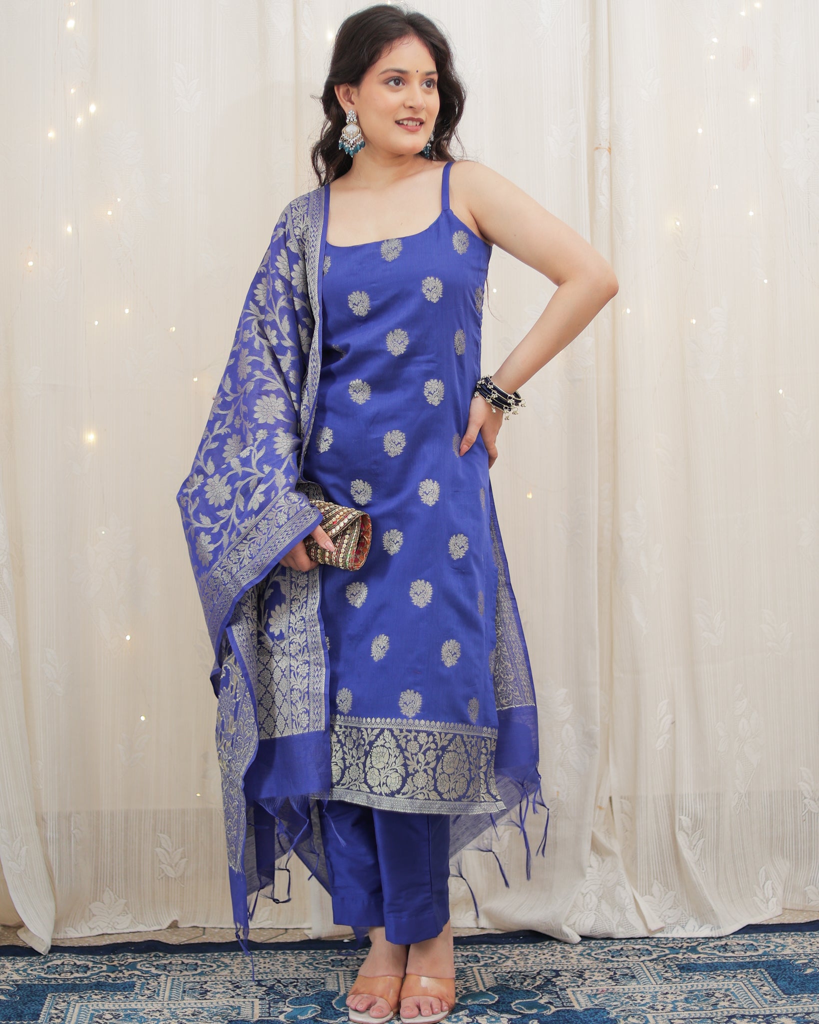 Readymade Banarasi Chanderi Cotton Salwar Kameez with Dupatta- Blue