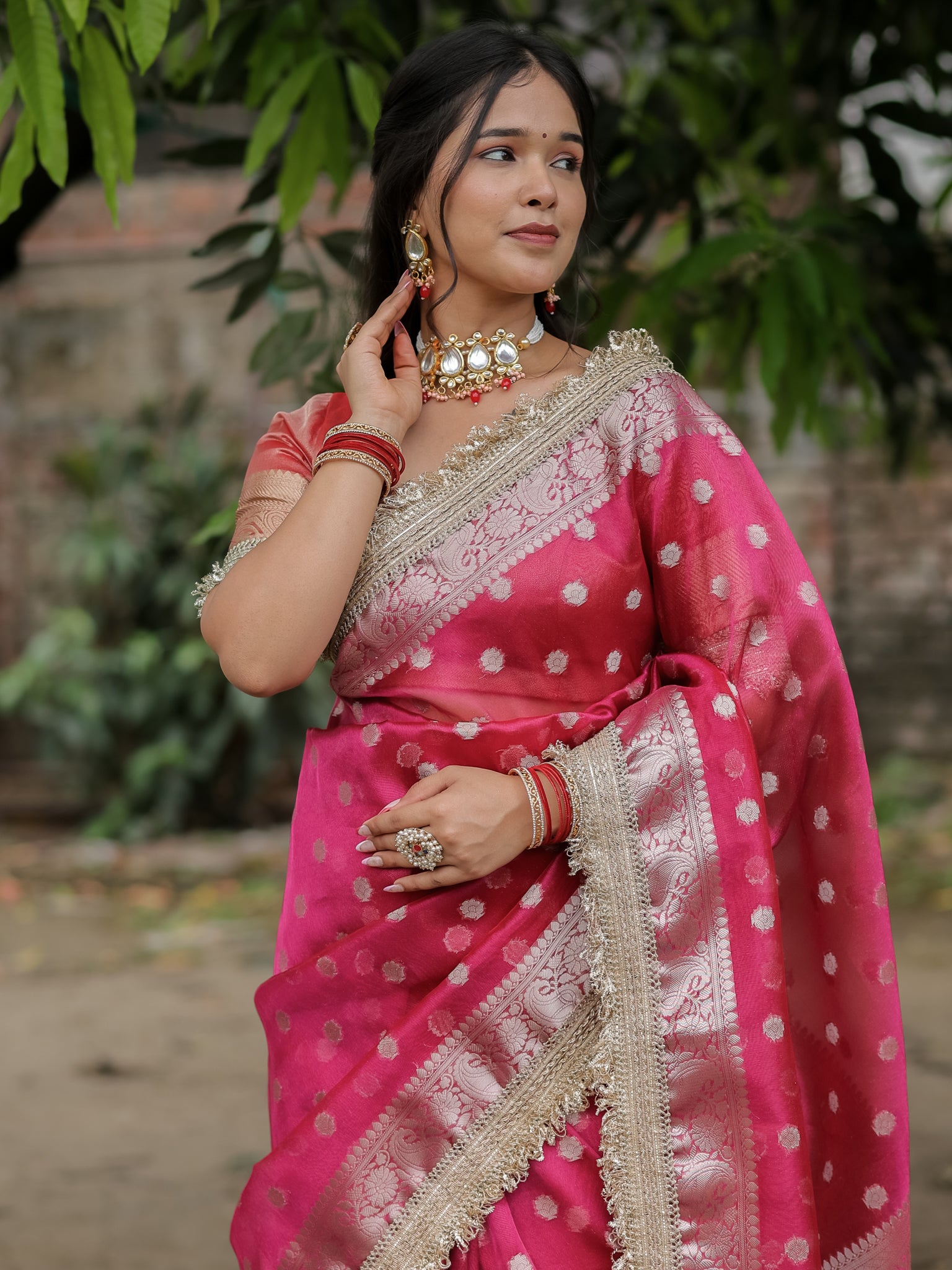 Banarasi Tissue Saree With Silver Zari & Border - Magenta