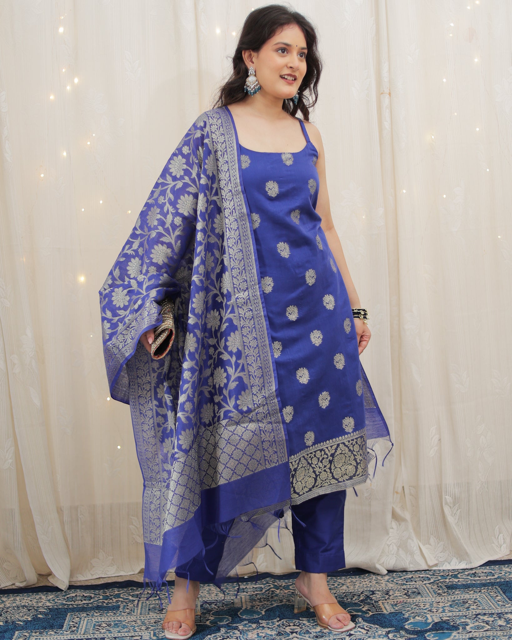 Readymade Banarasi Chanderi Cotton Salwar Kameez with Dupatta- Blue