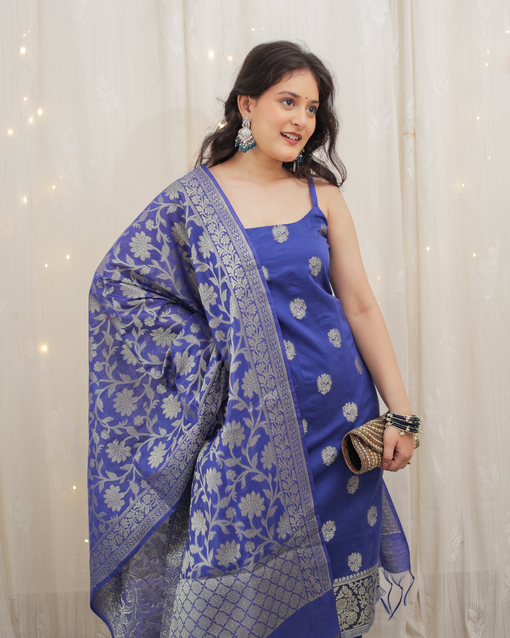 Readymade Banarasi Chanderi Cotton Salwar Kameez with Dupatta- Blue