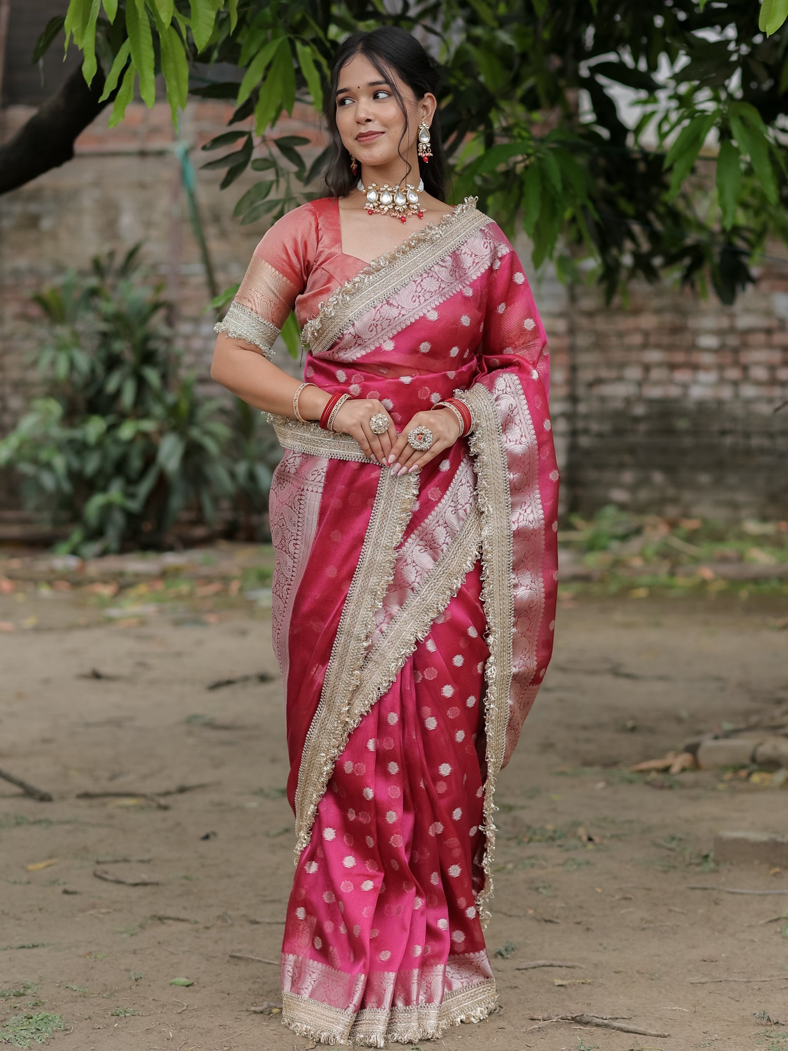 Banarasi Tissue Saree With Silver Zari & Border - Magenta