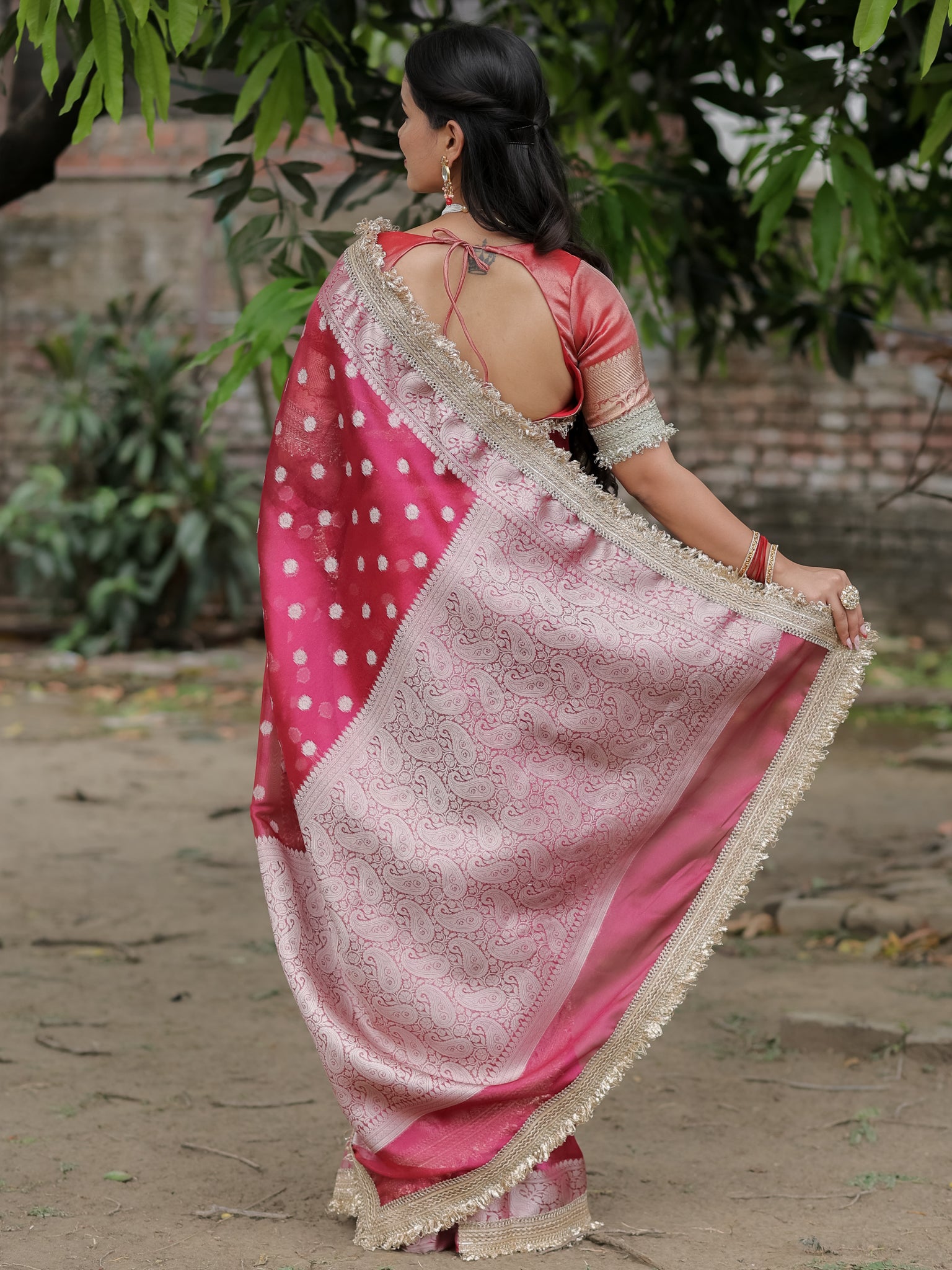 Banarasi Tissue Saree With Silver Zari & Border - Magenta