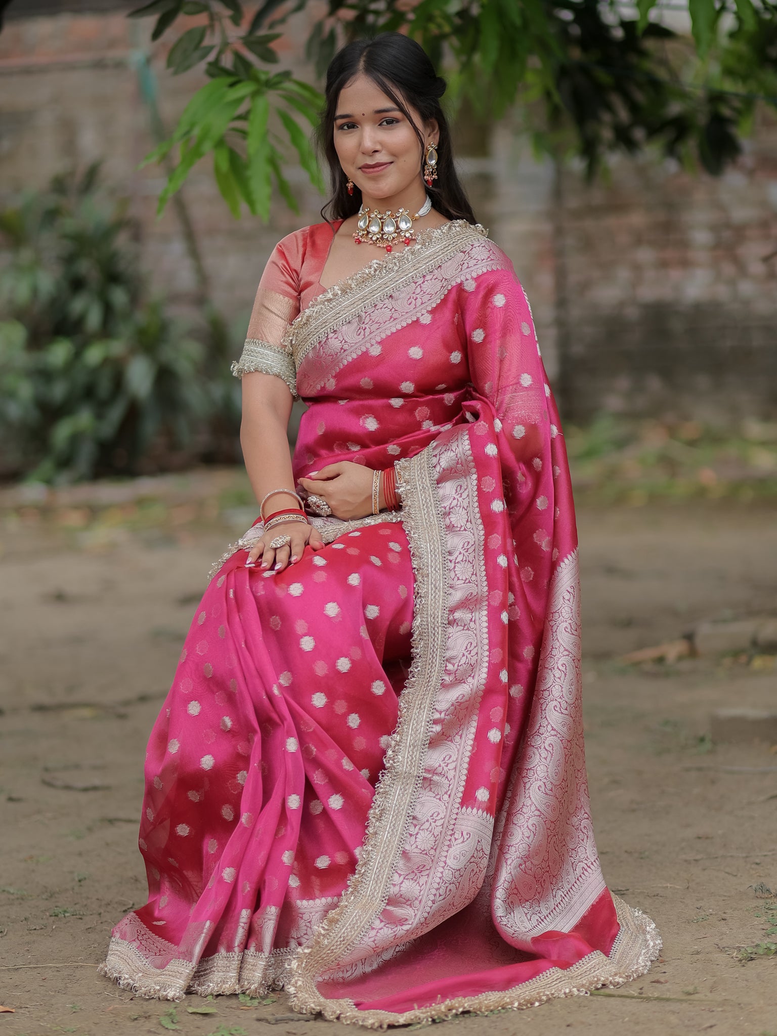 Banarasi Tissue Saree With Silver Zari & Border - Magenta