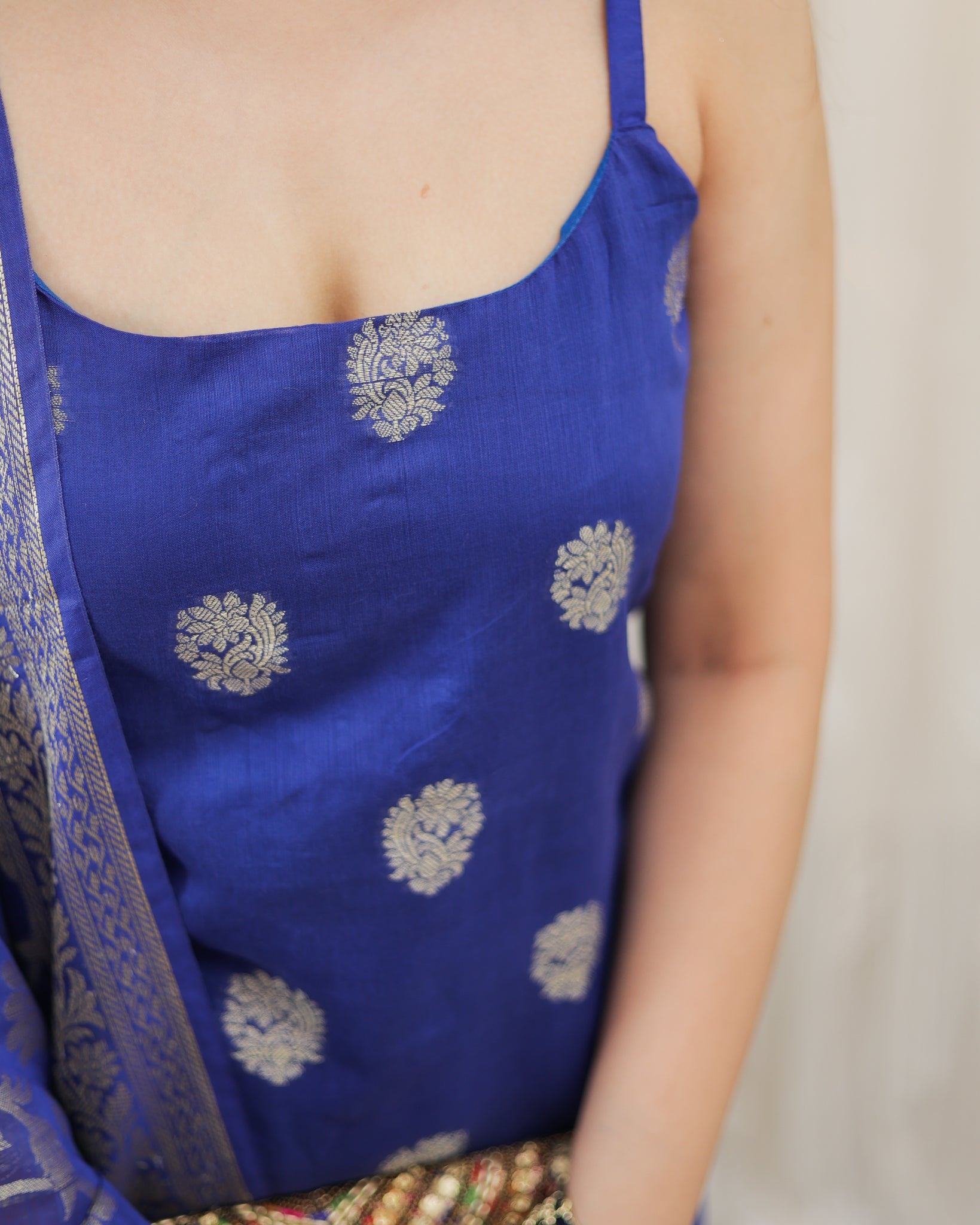 Readymade Banarasi Chanderi Cotton Salwar Kameez with Dupatta- Blue