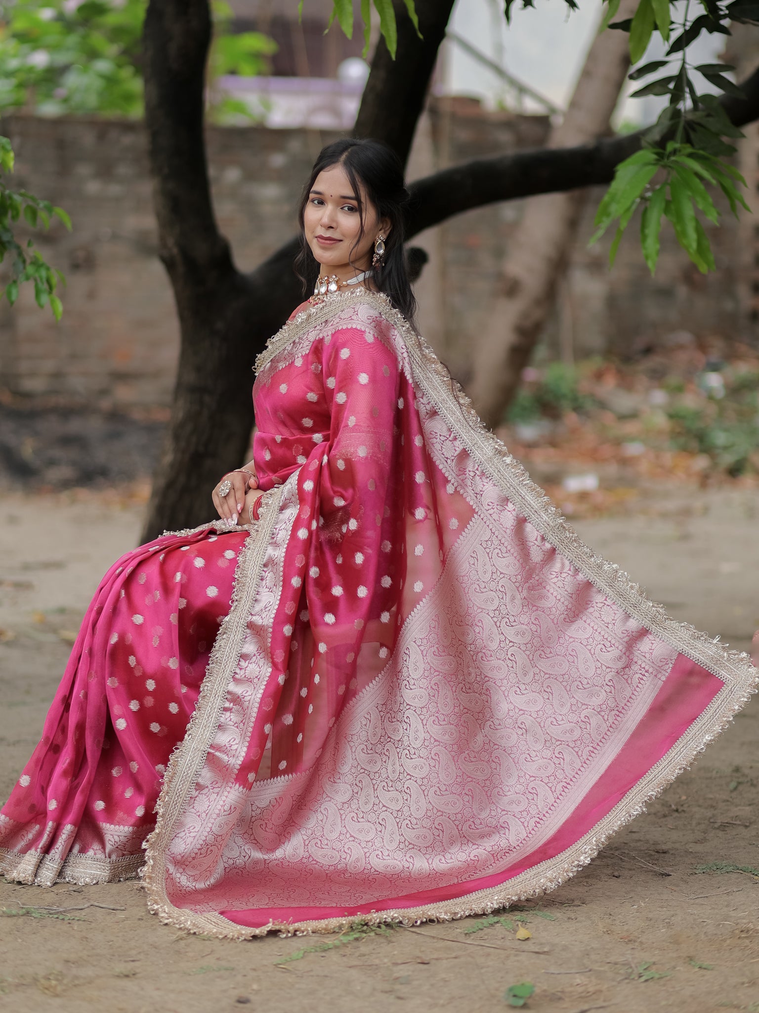 Banarasi Tissue Saree With Silver Zari & Border - Magenta