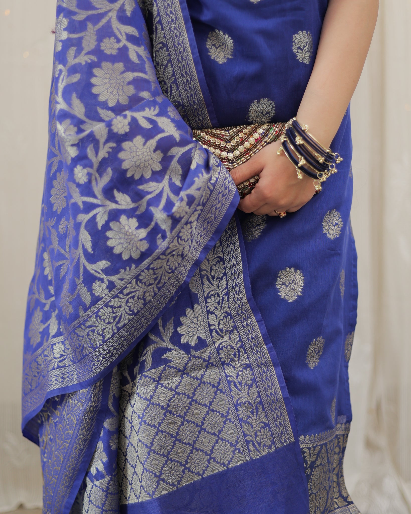 Readymade Banarasi Chanderi Cotton Salwar Kameez with Dupatta- Blue