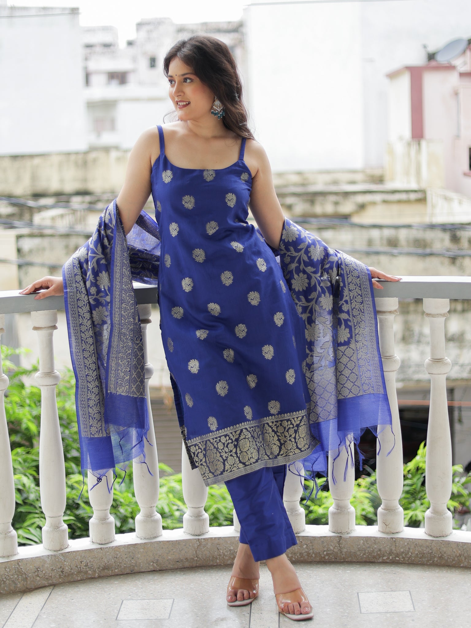 Readymade Banarasi Chanderi Cotton Salwar Kameez with Dupatta- Blue