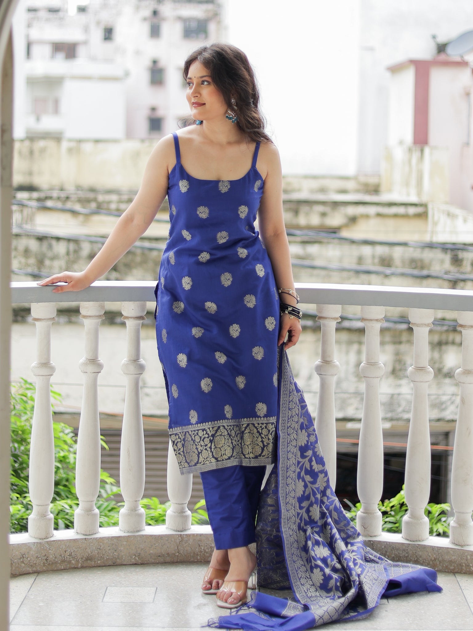 Readymade Banarasi Chanderi Cotton Salwar Kameez with Dupatta- Blue