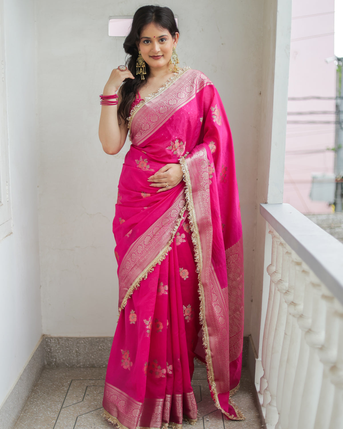 Banarasi Cotton Silk Saree With Zari Weaving & Lace Border- Magenta