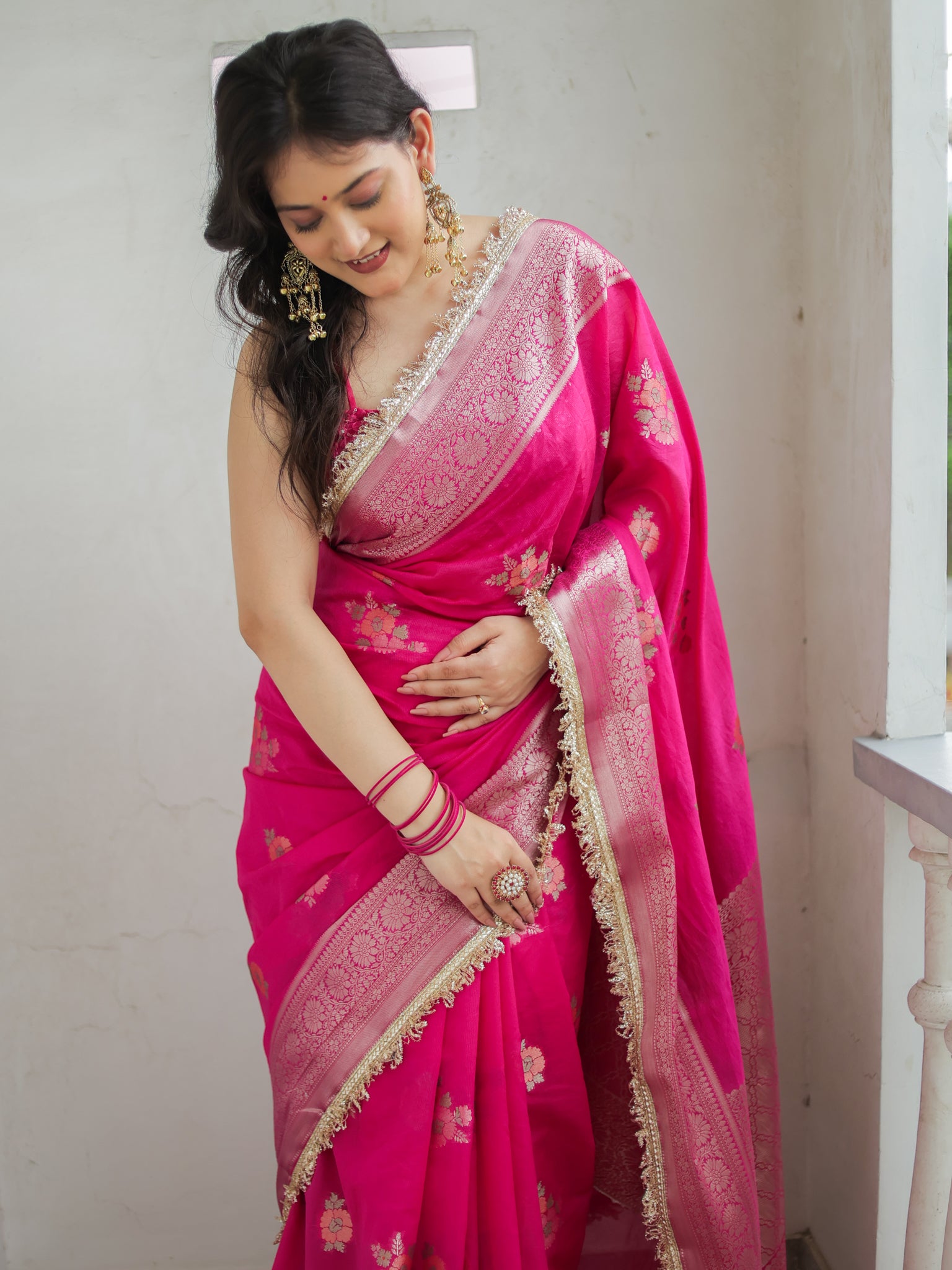 Banarasi Cotton Silk Saree With Zari Weaving & Lace Border- Magenta