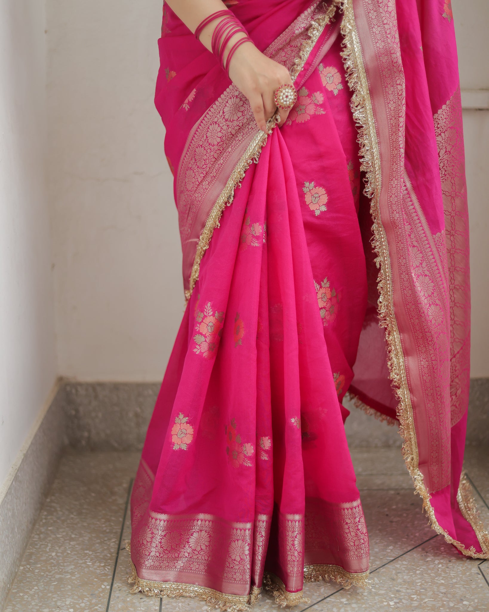 Banarasi Cotton Silk Saree With Zari Weaving & Lace Border- Magenta