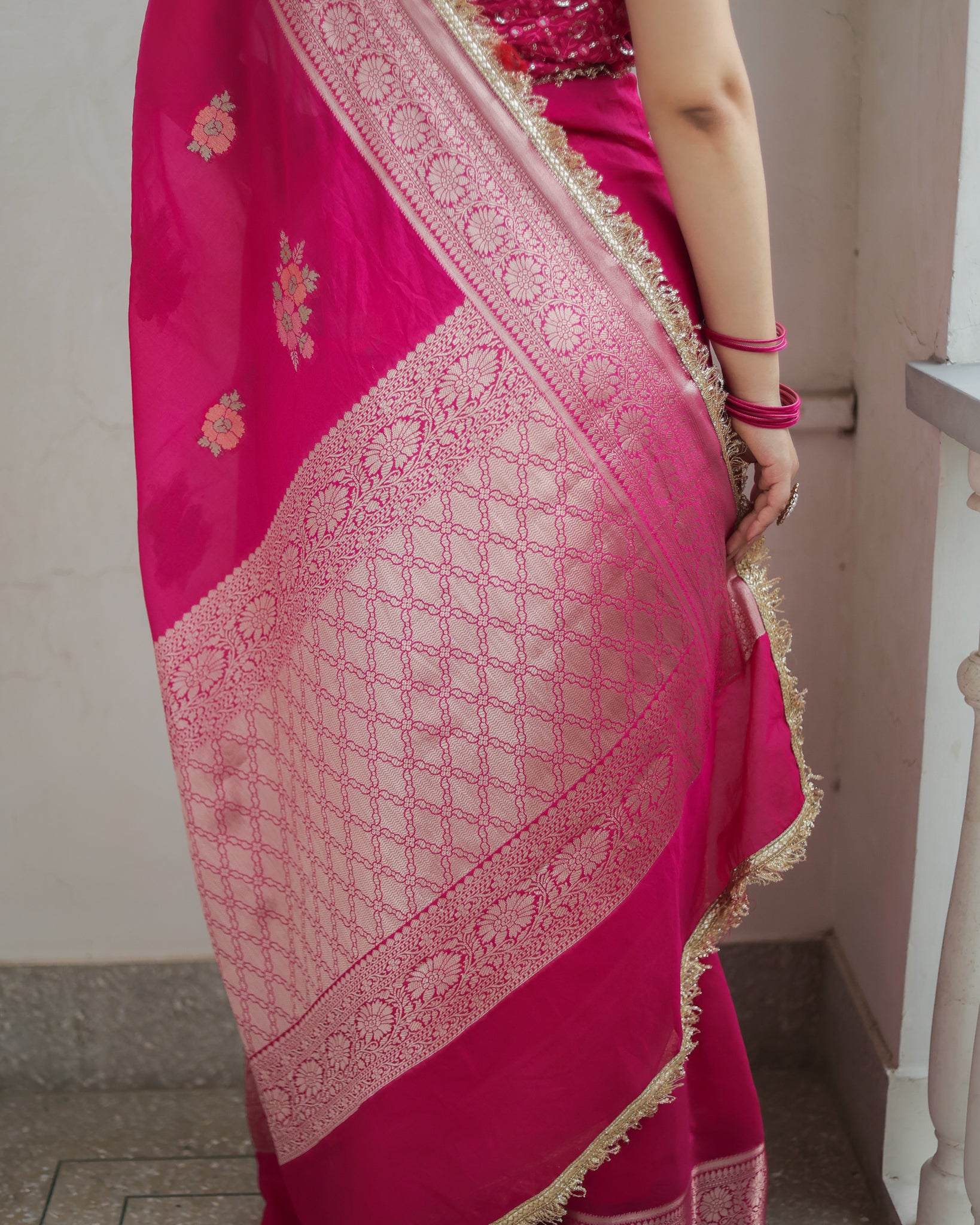 Banarasi Cotton Silk Saree With Zari Weaving & Lace Border- Magenta
