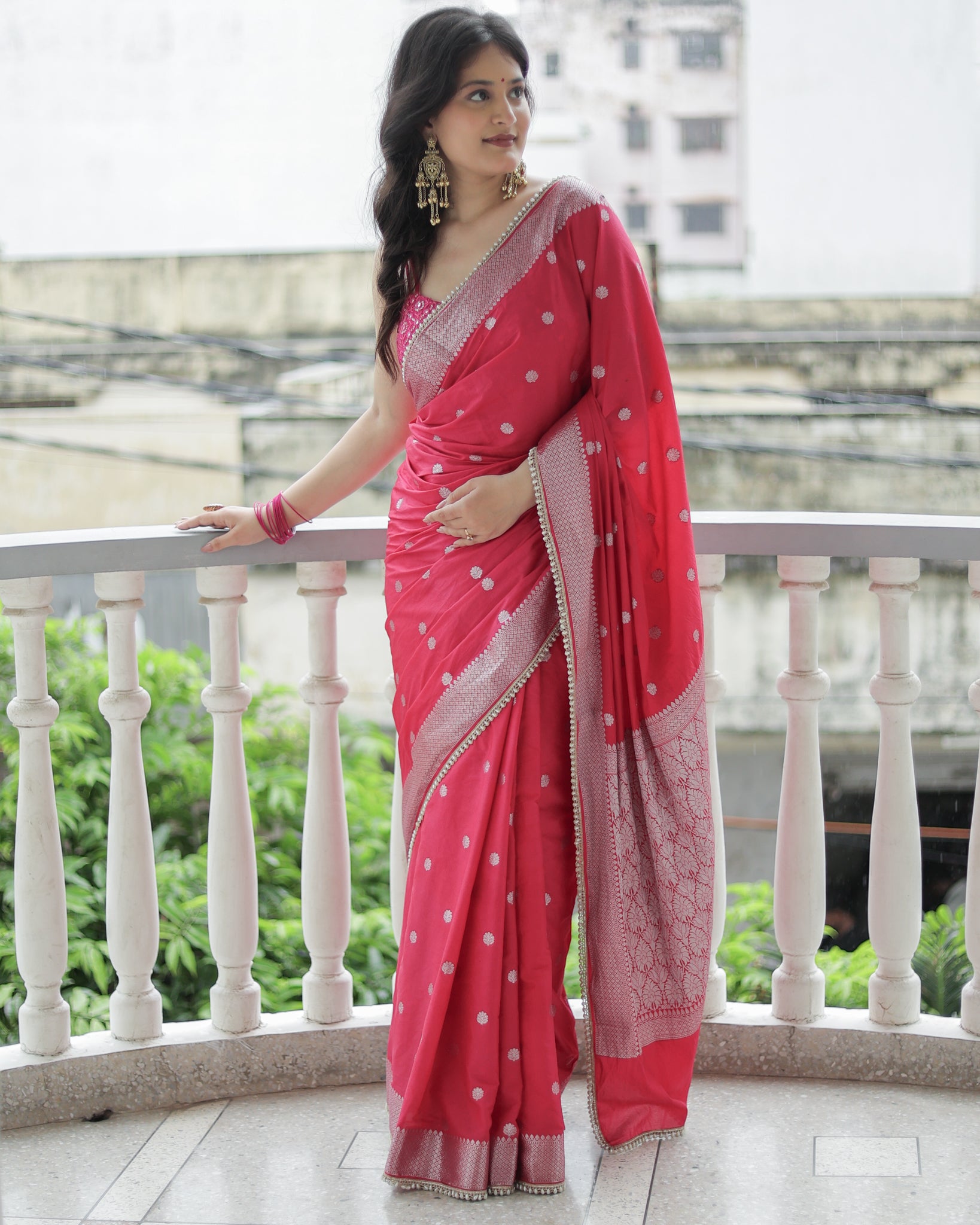 Banarasi Cotton Silk Saree With Zari Weaving & Lace Border- Magenta