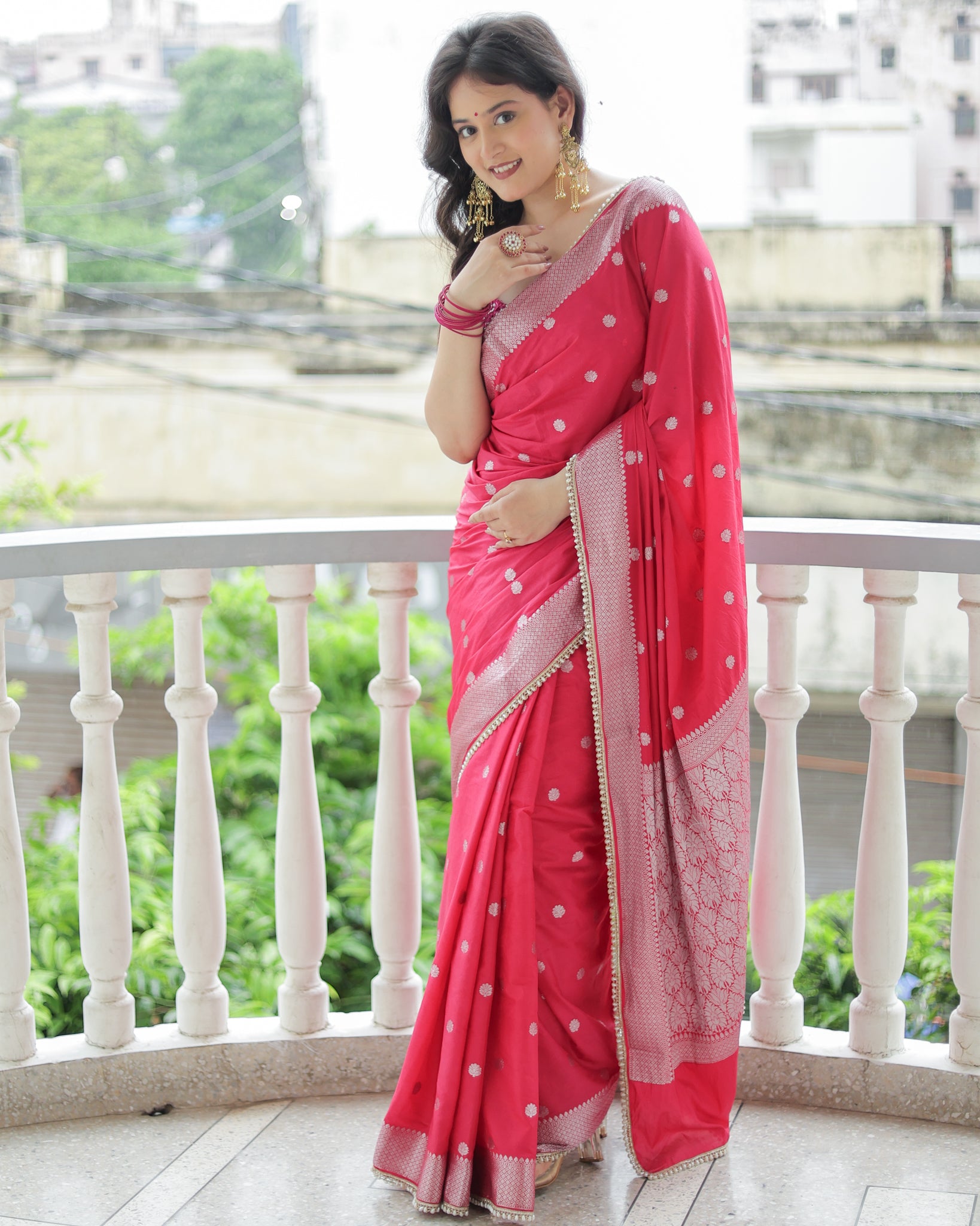 Banarasi Cotton Silk Saree With Zari Weaving & Lace Border- Magenta