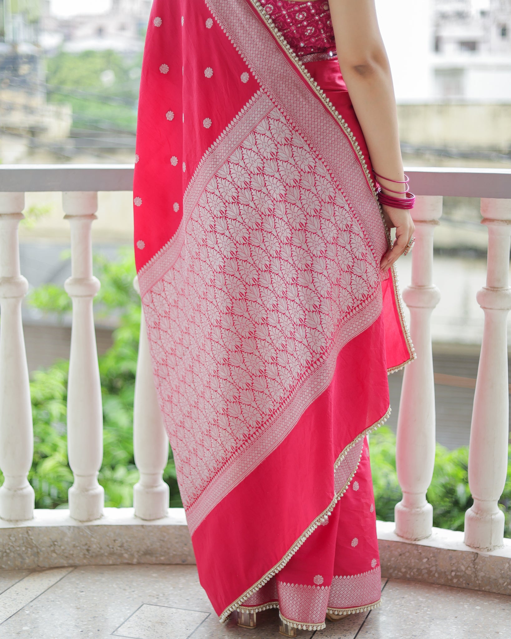 Banarasi Cotton Silk Saree With Zari Weaving & Lace Border- Magenta