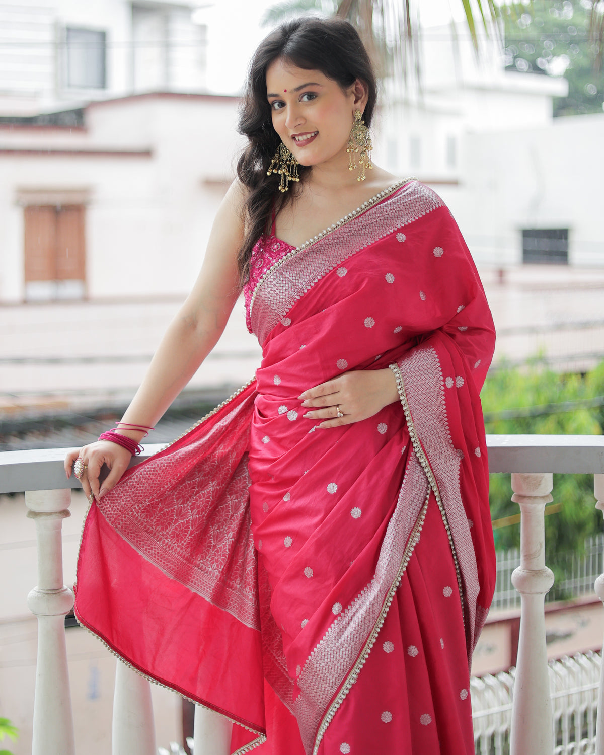 Banarasi Cotton Silk Saree With Zari Weaving & Lace Border- Magenta