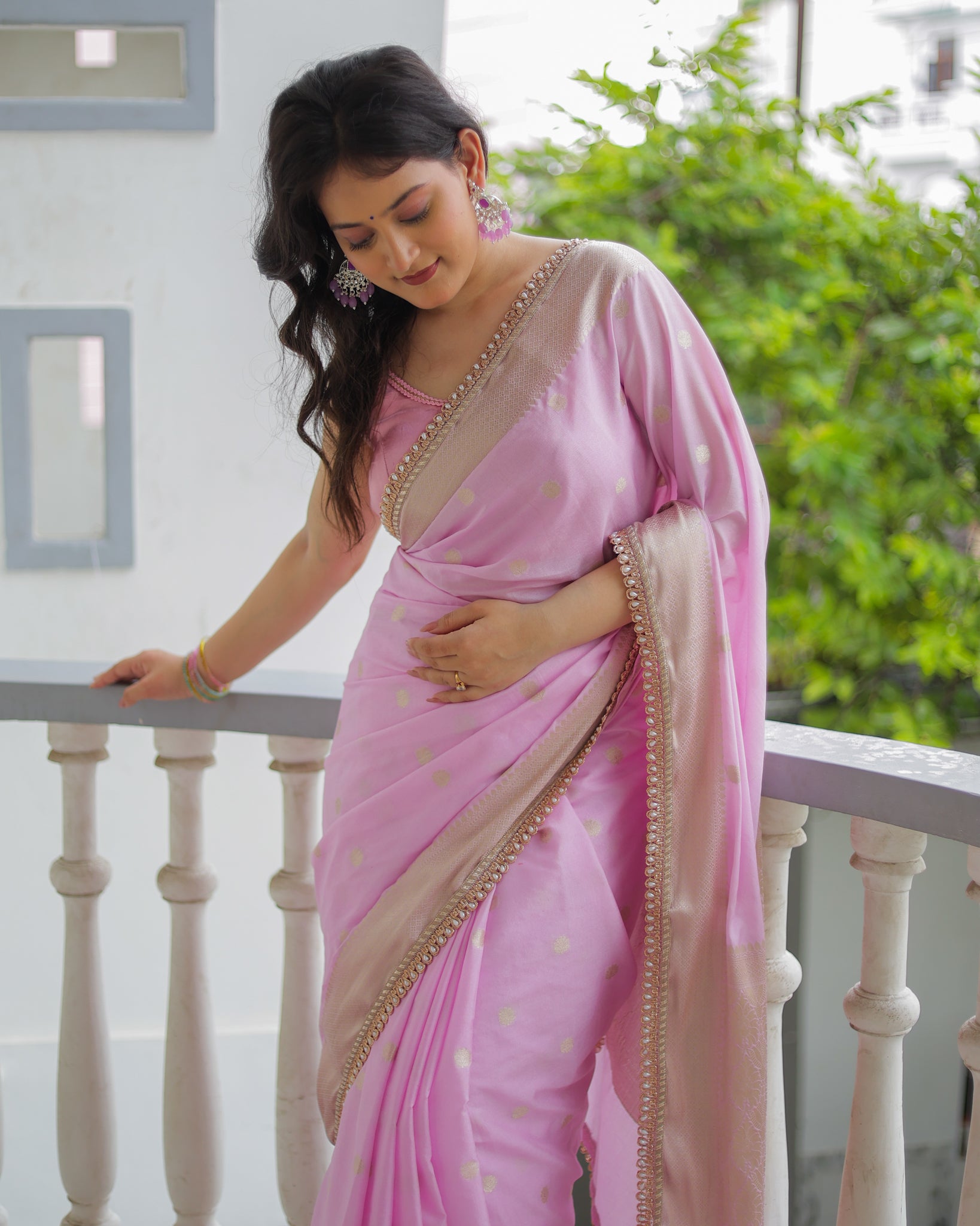 Banarasi Cotton Silk Saree With Zari Weaving & Lace Border- Lavender