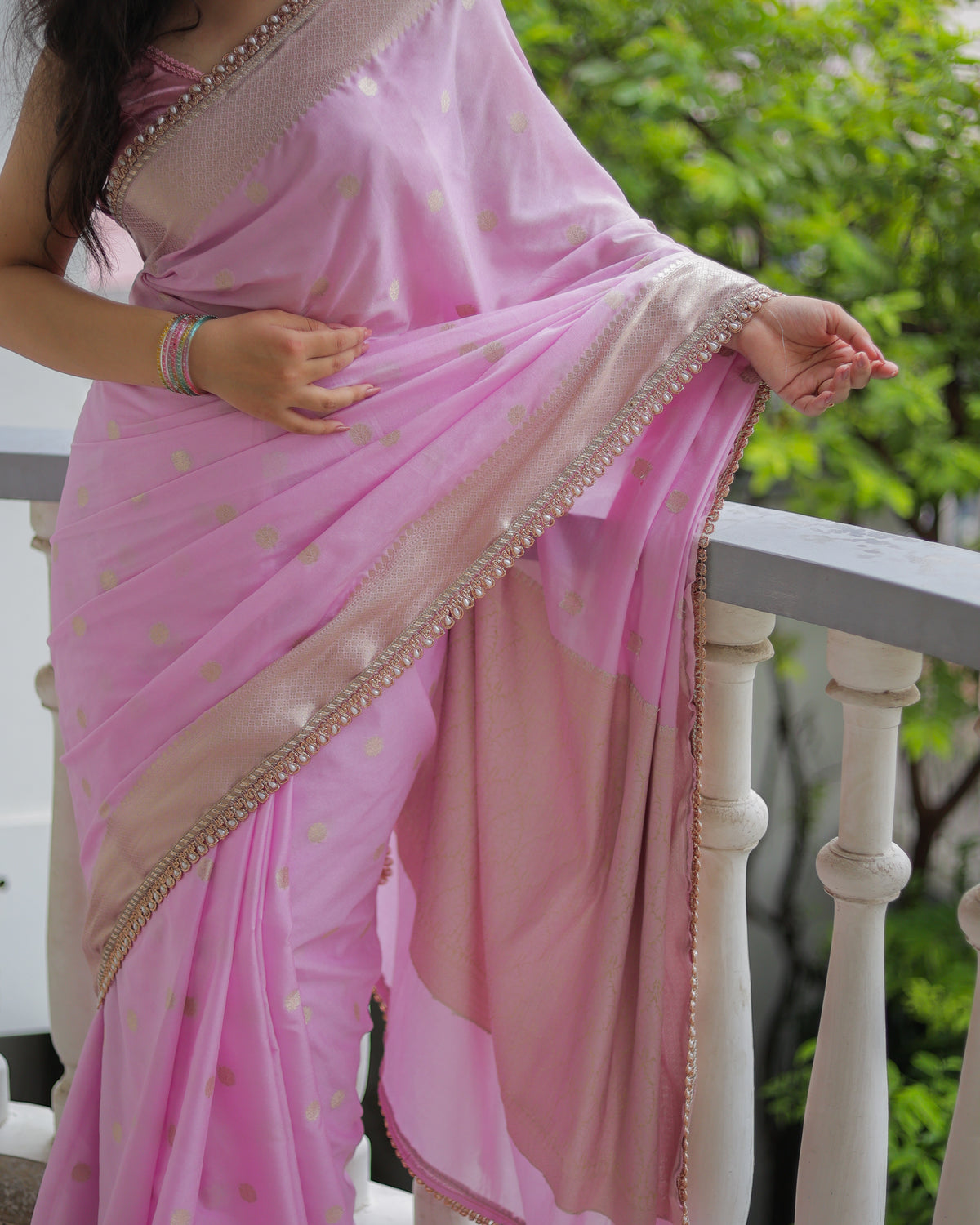 Banarasi Cotton Silk Saree With Zari Weaving & Lace Border- Lavender