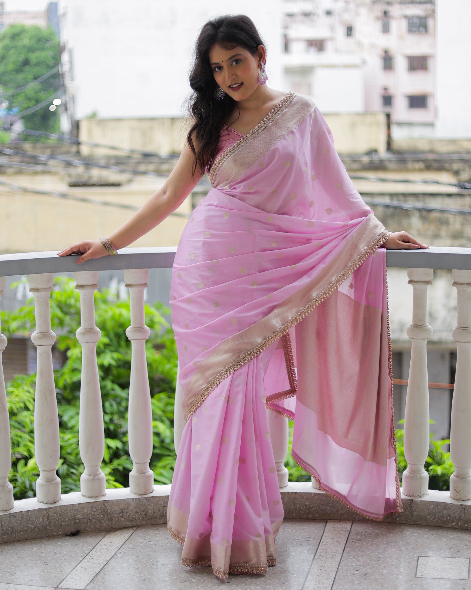 Banarasi Cotton Silk Saree With Zari Weaving & Lace Border- Lavender