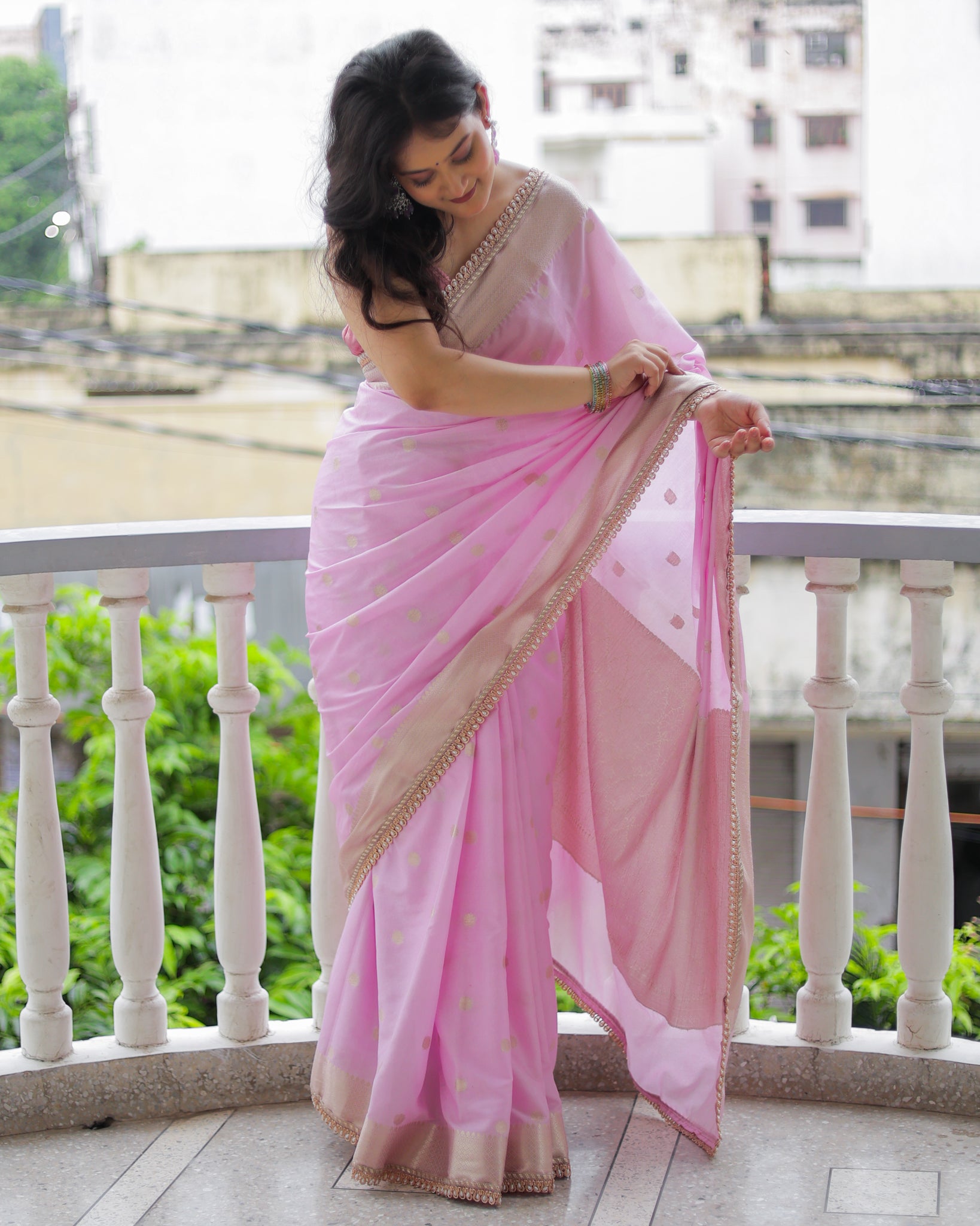 Banarasi Cotton Silk Saree With Zari Weaving & Lace Border- Lavender