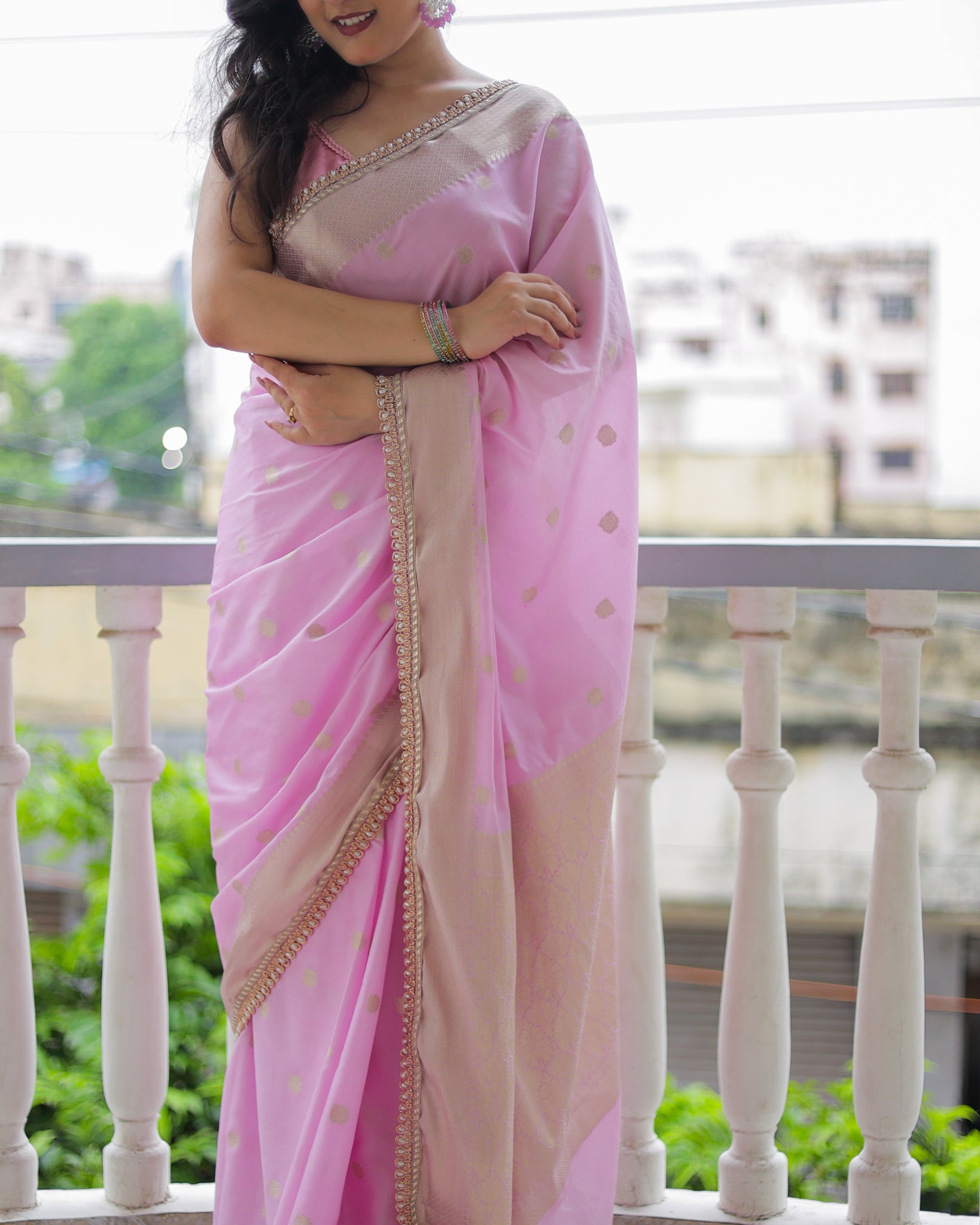 Banarasi Cotton Silk Saree With Zari Weaving & Lace Border- Lavender