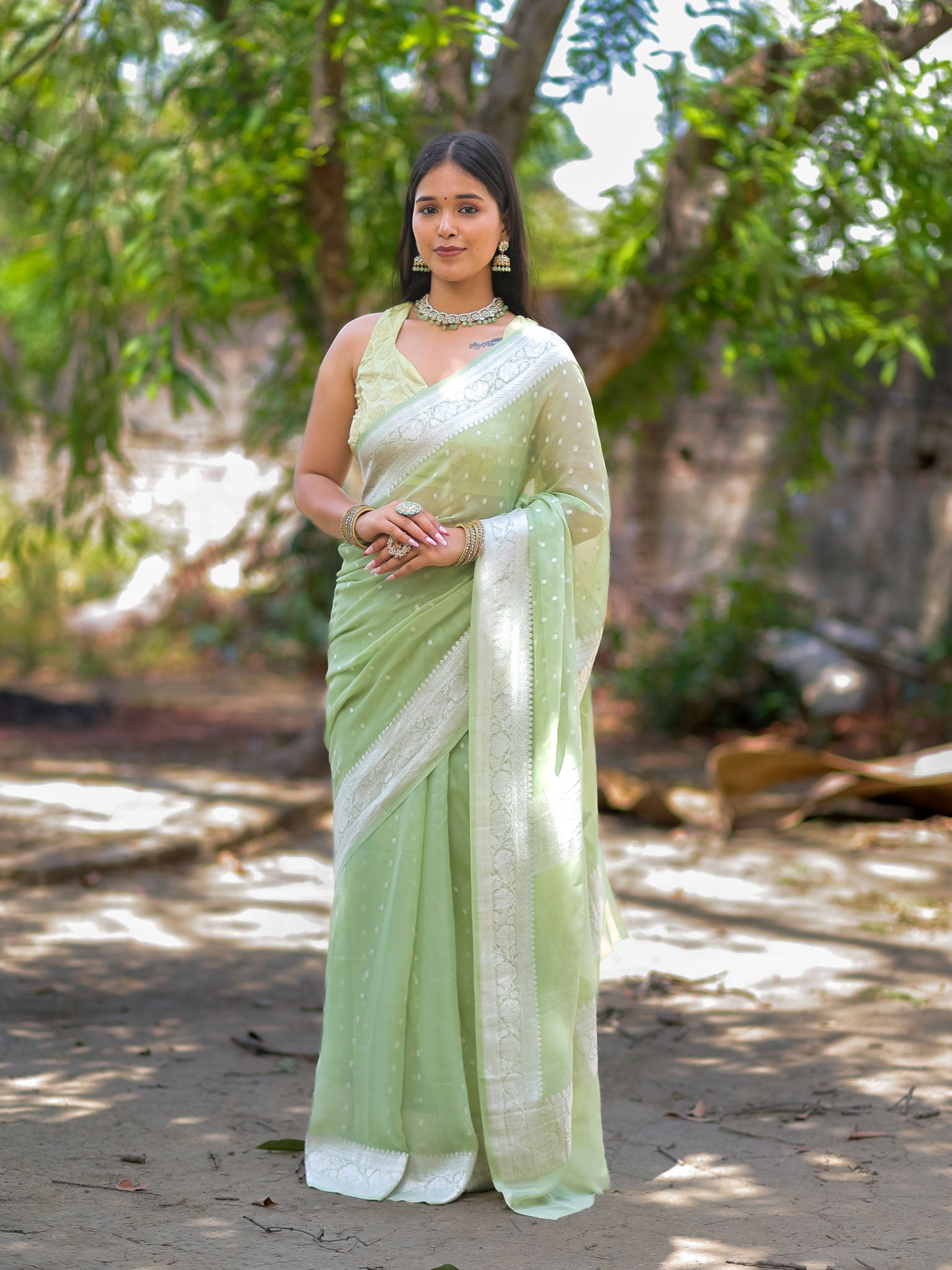 Banarasi Pure Khaddi Georgette Saree With Buti Weaving-Pastel Green
