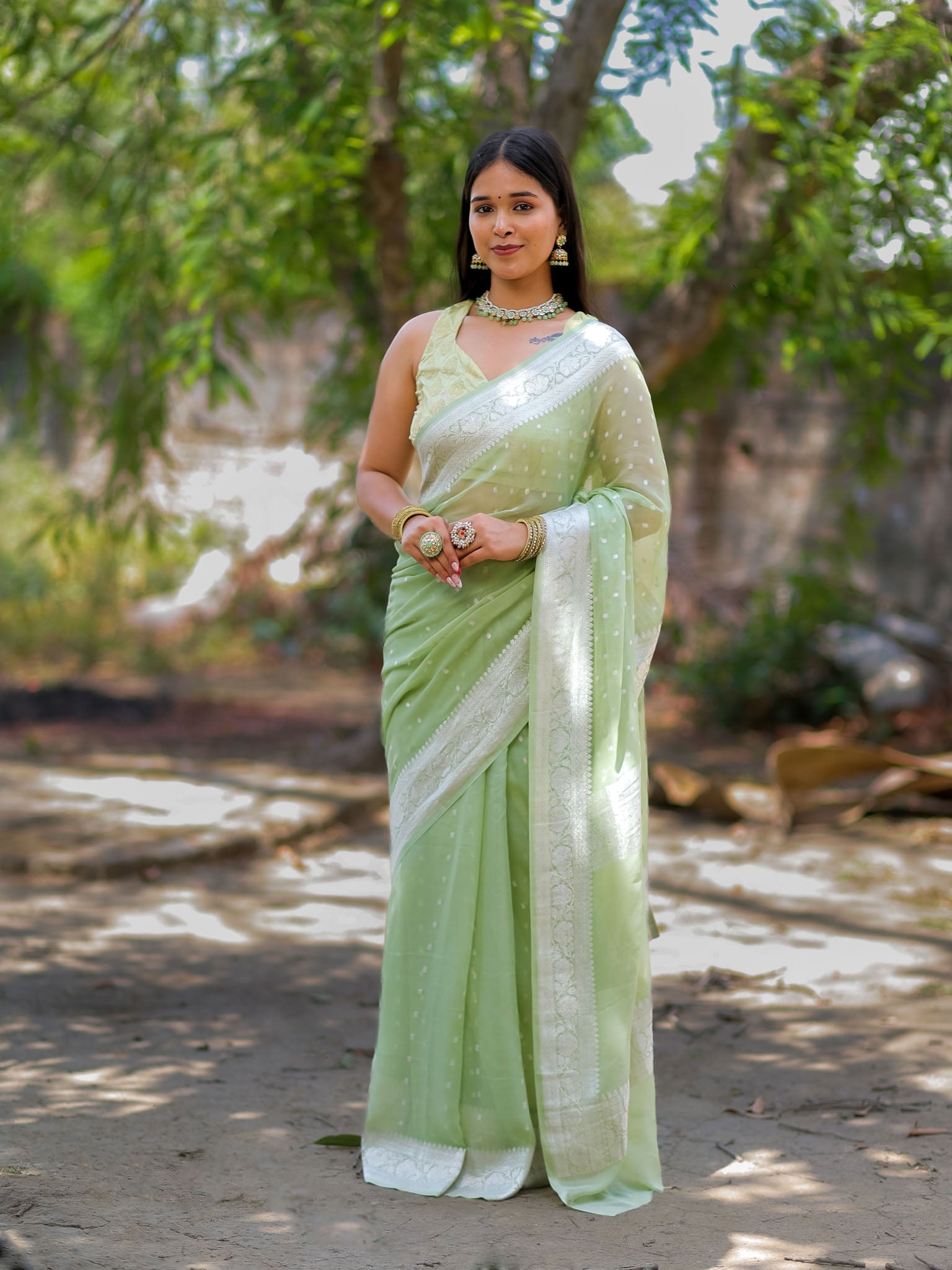 Banarasi Pure Khaddi Georgette Saree With Buti Weaving-Pastel Green