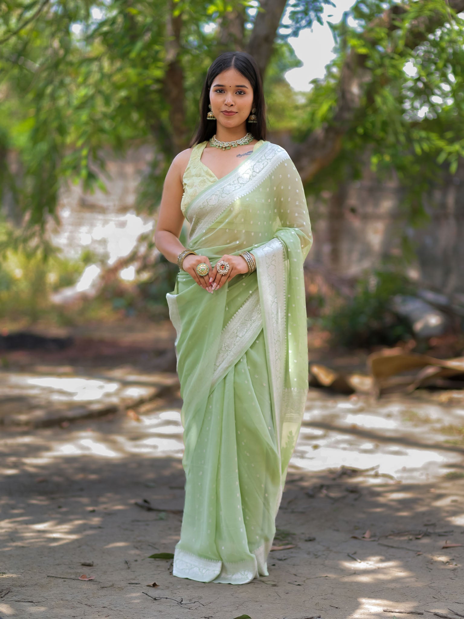 Banarasi Pure Khaddi Georgette Saree With Buti Weaving-Pastel Green