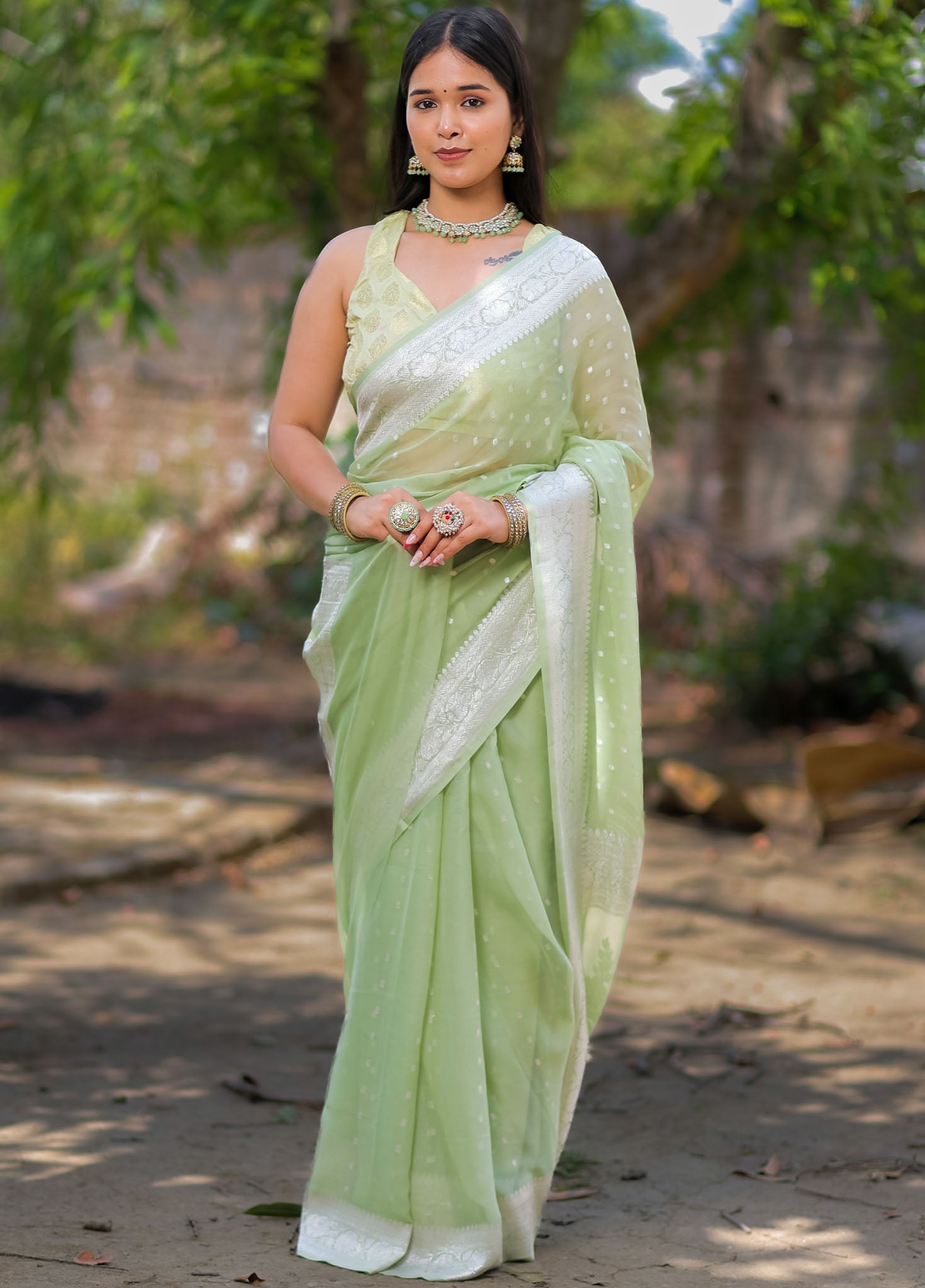 Banarasi Pure Khaddi Georgette Saree With Buti Weaving-Pastel Green