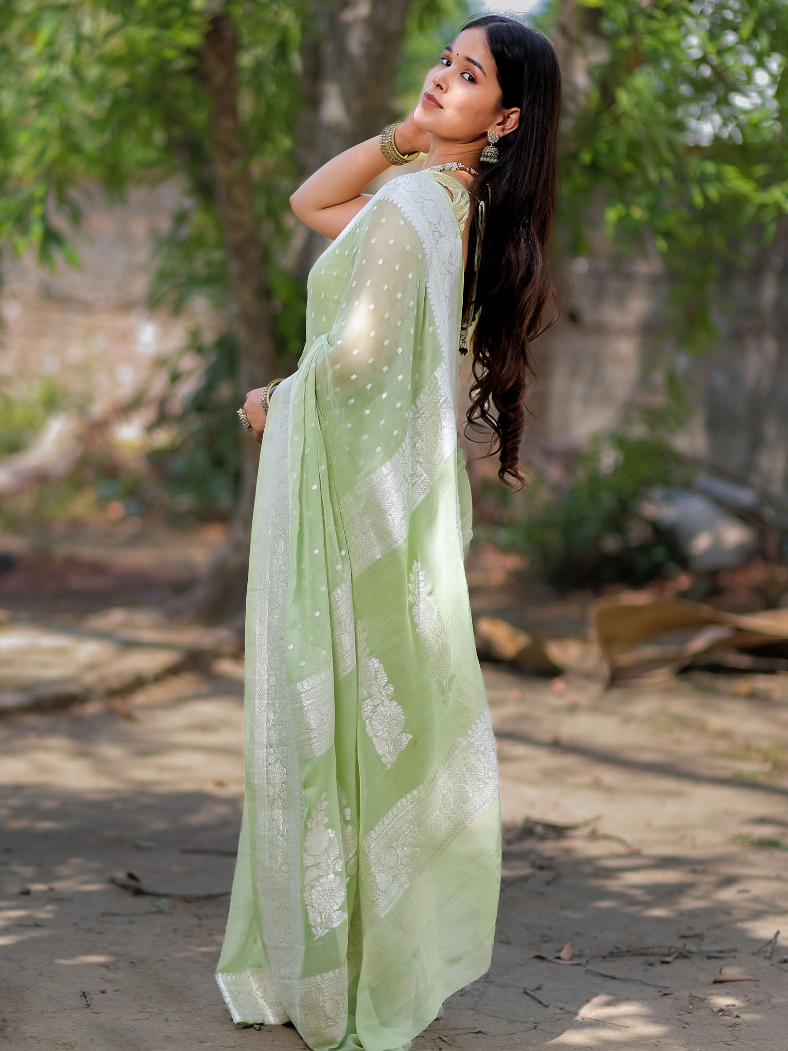 Banarasi Pure Khaddi Georgette Saree With Buti Weaving-Pastel Green