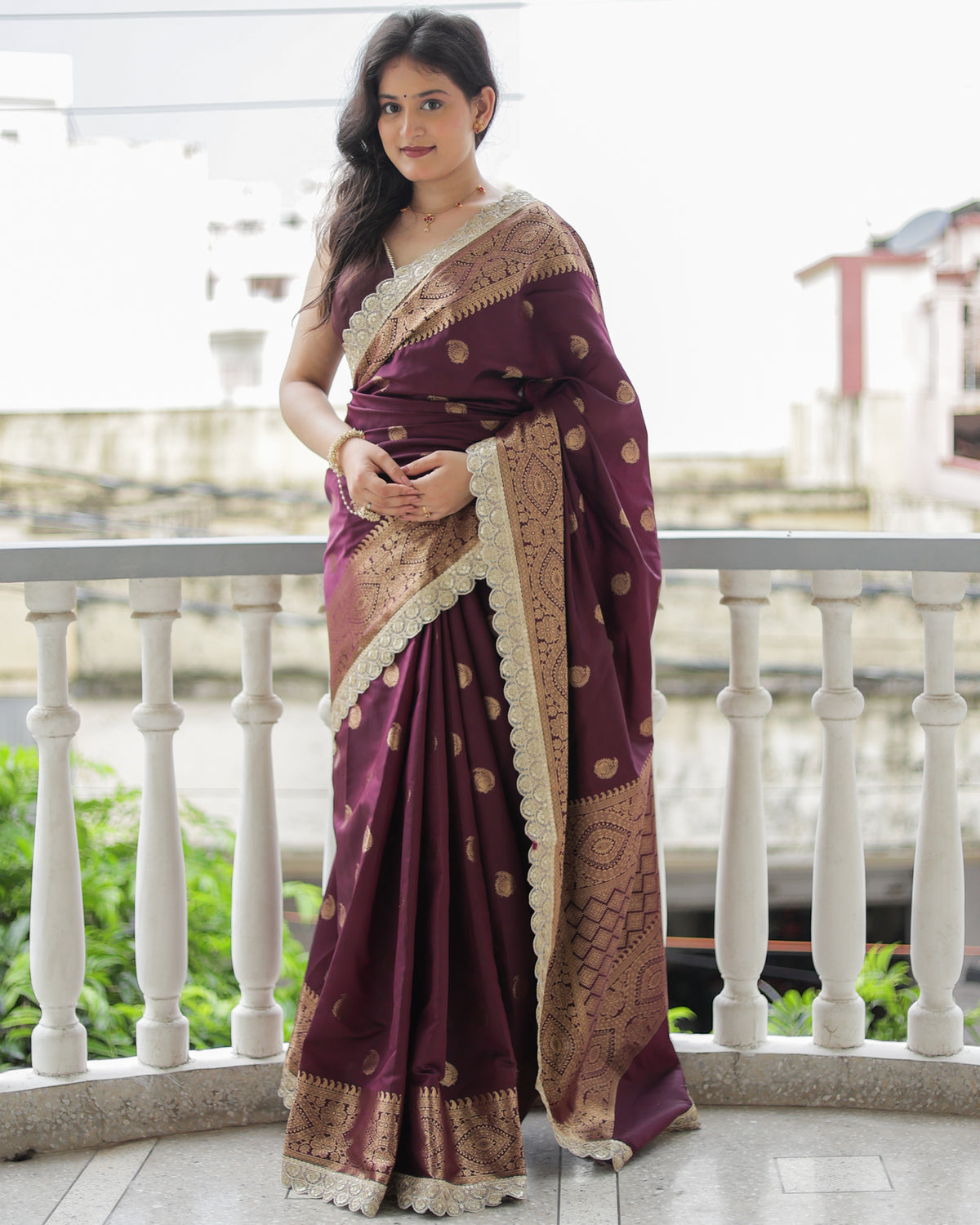 Banarasi Cotton Silk Saree with Lace Border- Wine