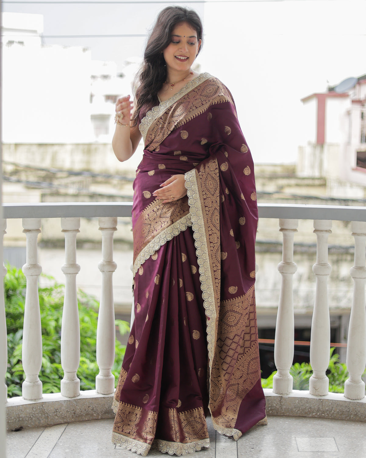 Banarasi Cotton Silk Saree with Lace Border- Wine